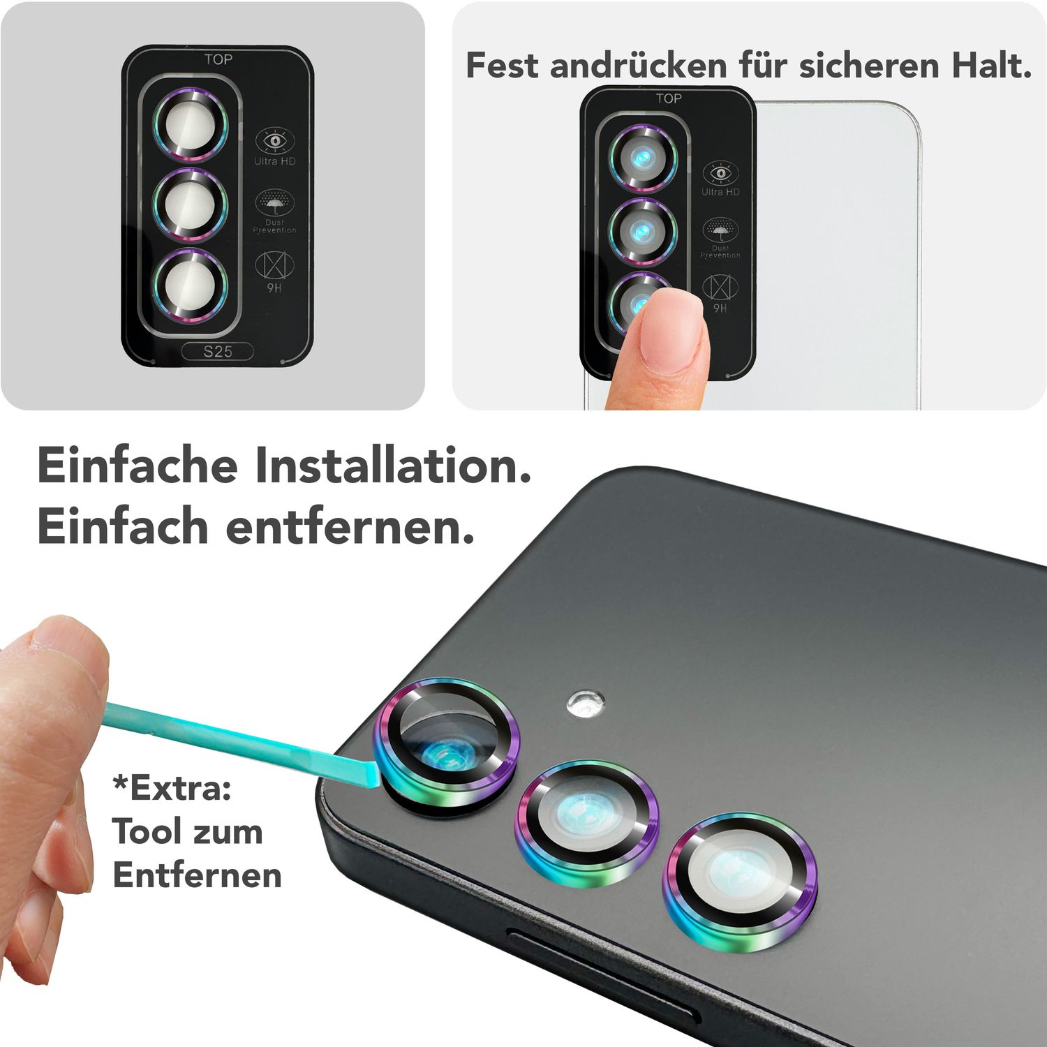 NALIA Focus.Pro CLX für Samsung Galaxy S25 Glas, Reflexionsfreier Kameraschutz, Einzeln Klare Schutzglas Ringe mit Farbrahmen, 9H Linsenschutz für Rück-Kamera, 3 Stück