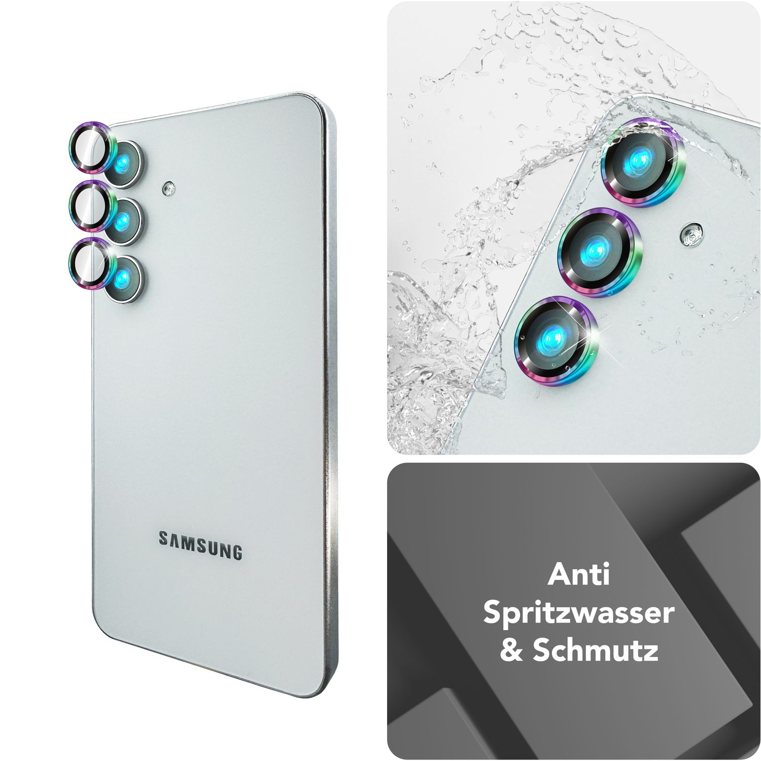 NALIA Focus.Pro CLX für Samsung Galaxy S25 Glas, Reflexionsfreier Kameraschutz, Einzeln Klare Schutzglas Ringe mit Farbrahmen, 9H Linsenschutz für Rück-Kamera, 3 Stück