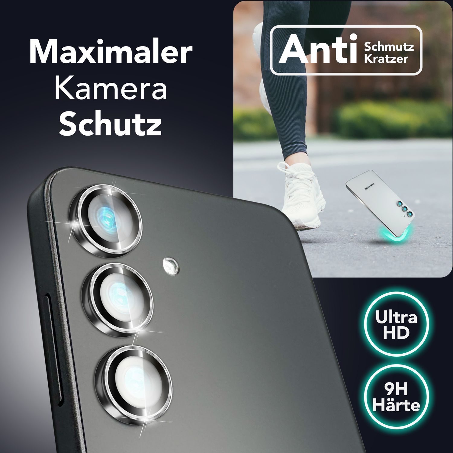 NALIA Focus.Pro CLX für Samsung Galaxy S25 Glas, Reflexionsfreier Kameraschutz, Einzeln Klare Schutzglas Ringe mit Farbrahmen, 9H Linsenschutz für Rück-Kamera, 3 Stück