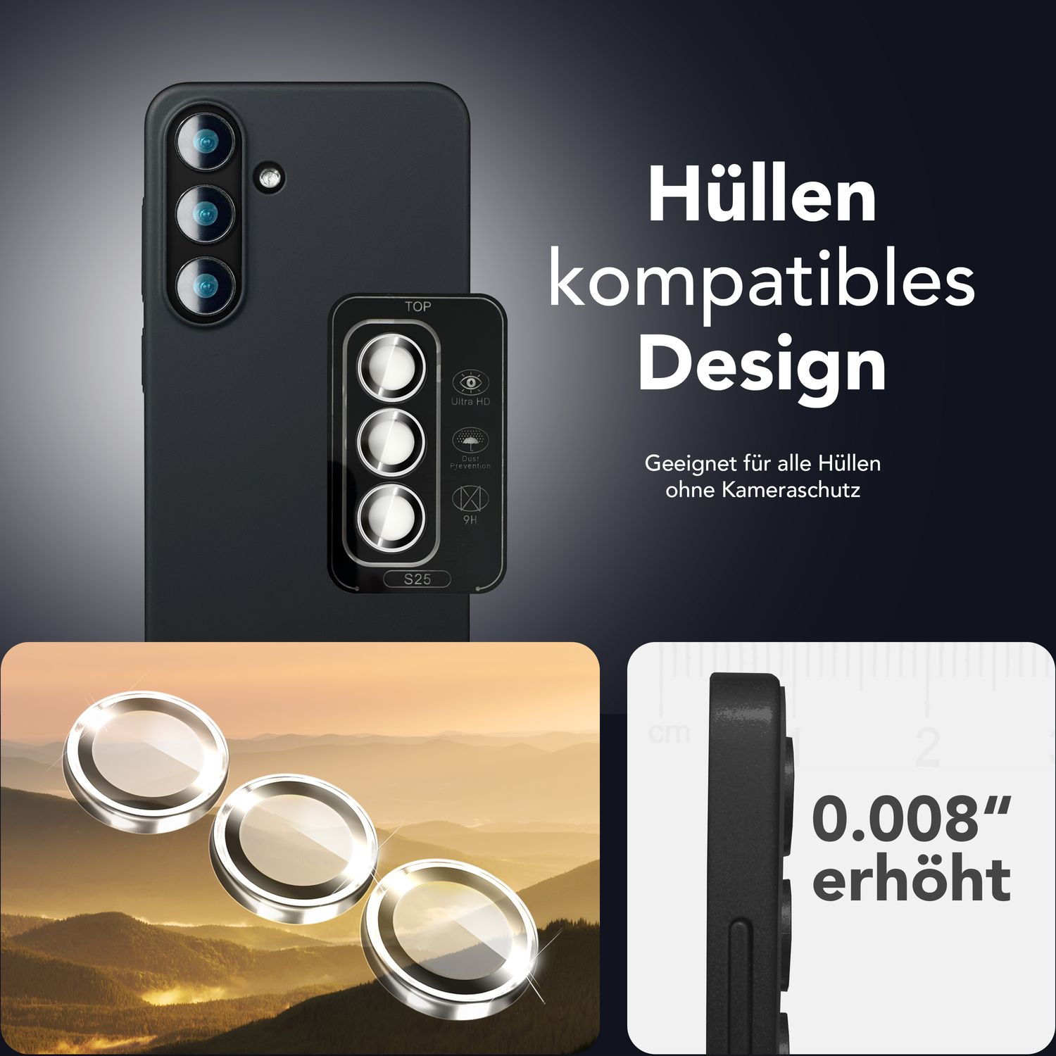 NALIA Focus.Pro CLX für Samsung Galaxy S25 Glas, Reflexionsfreier Kameraschutz, Einzeln Klare Schutzglas Ringe mit Farbrahmen, 9H Linsenschutz für Rück-Kamera, 3 Stück