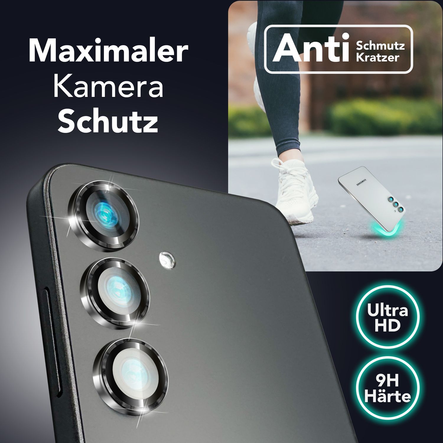 NALIA Focus.Pro CLX für Samsung Galaxy S25 Plus Glas, Reflexionsfreier Kameraschutz, Einzeln Klare Kameragläser mit Farbrahmen, 9H Linsen Ringe für Rück-Kamera, 3 Stück