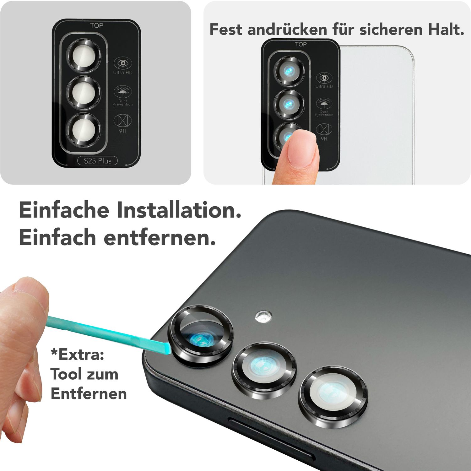 NALIA Focus.Pro CLX für Samsung Galaxy S25 Plus Glas, Reflexionsfreier Kameraschutz, Einzeln Klare Kameragläser mit Farbrahmen, 9H Linsen Ringe für Rück-Kamera, 3 Stück