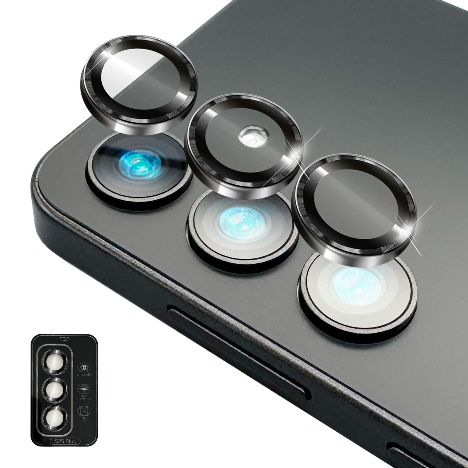 NALIA Focus.Pro CLX für Samsung Galaxy S25 Plus Glas, Reflexionsfreier Kameraschutz, Einzeln Klare Kameragläser mit Farbrahmen, 9H Linsen Ringe für Rück-Kamera, 3 Stück