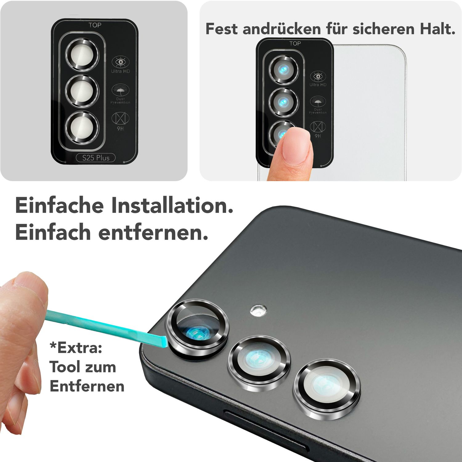 NALIA Focus.Pro CLX für Samsung Galaxy S25 Plus Glas, Reflexionsfreier Kameraschutz, Einzeln Klare Kameragläser mit Farbrahmen, 9H Linsen Ringe für Rück-Kamera, 3 Stück