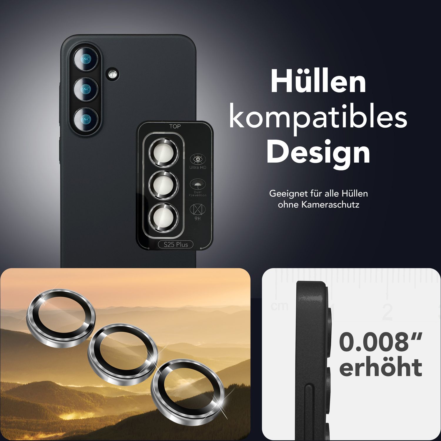 NALIA Focus.Pro CLX für Samsung Galaxy S25 Plus Glas, Reflexionsfreier Kameraschutz, Einzeln Klare Kameragläser mit Farbrahmen, 9H Linsen Ringe für Rück-Kamera, 3 Stück