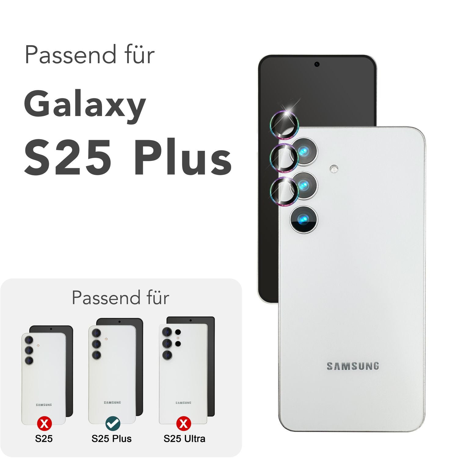 NALIA Focus.Pro CLX für Samsung Galaxy S25 Plus Glas, Reflexionsfreier Kameraschutz, Einzeln Klare Kameragläser mit Farbrahmen, 9H Linsen Ringe für Rück-Kamera, 3 Stück