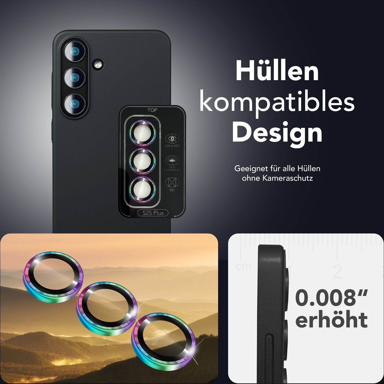 NALIA Focus.Pro CLX für Samsung Galaxy S25 Plus Glas, Reflexionsfreier Kameraschutz, Einzeln Klare Kameragläser mit Farbrahmen, 9H Linsen Ringe für Rück-Kamera, 3 Stück