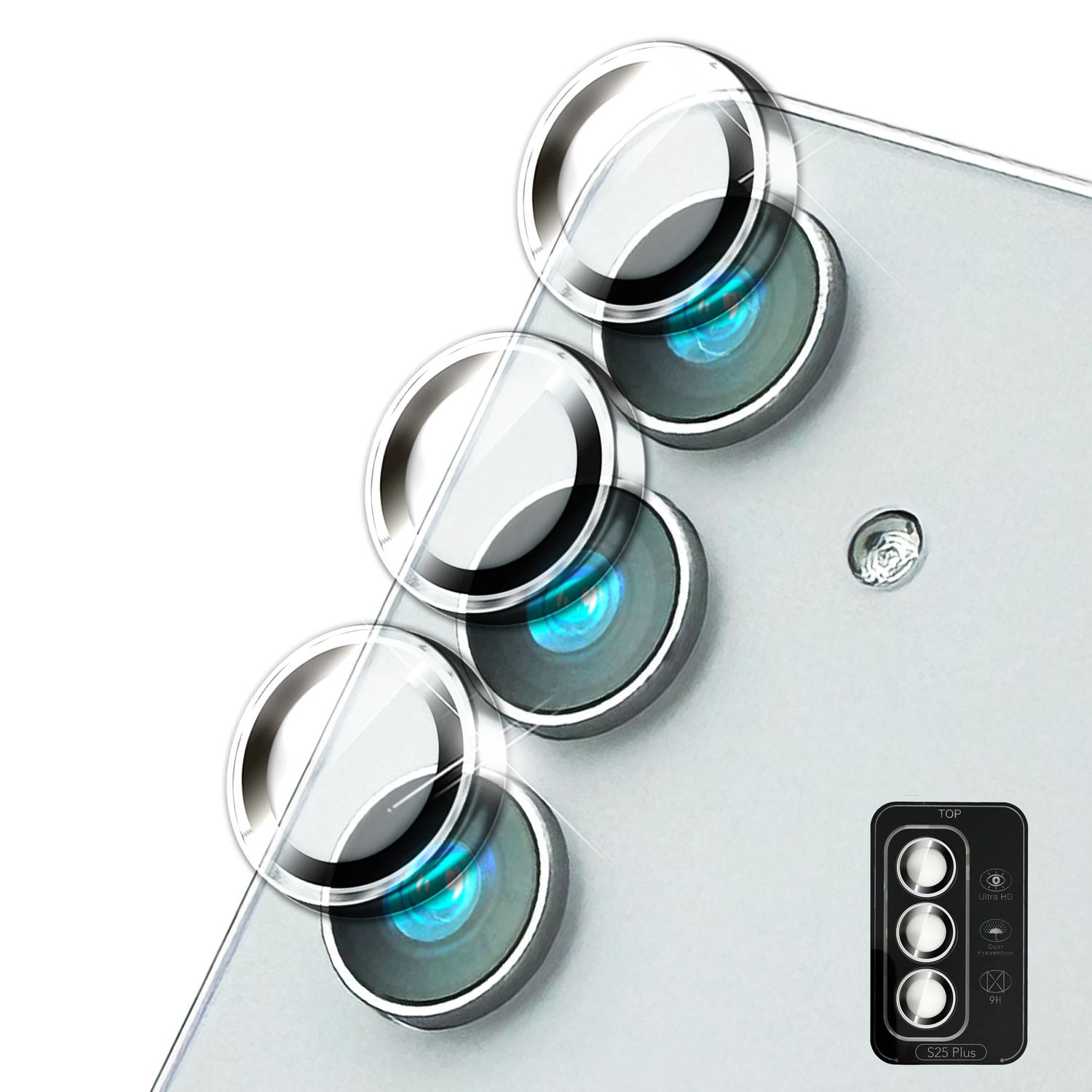 NALIA Focus.Pro CLX für Samsung Galaxy S25 Plus Glas, Reflexionsfreier Kameraschutz, Einzeln Klare Kameragläser mit Farbrahmen, 9H Linsen Ringe für Rück-Kamera, 3 Stück