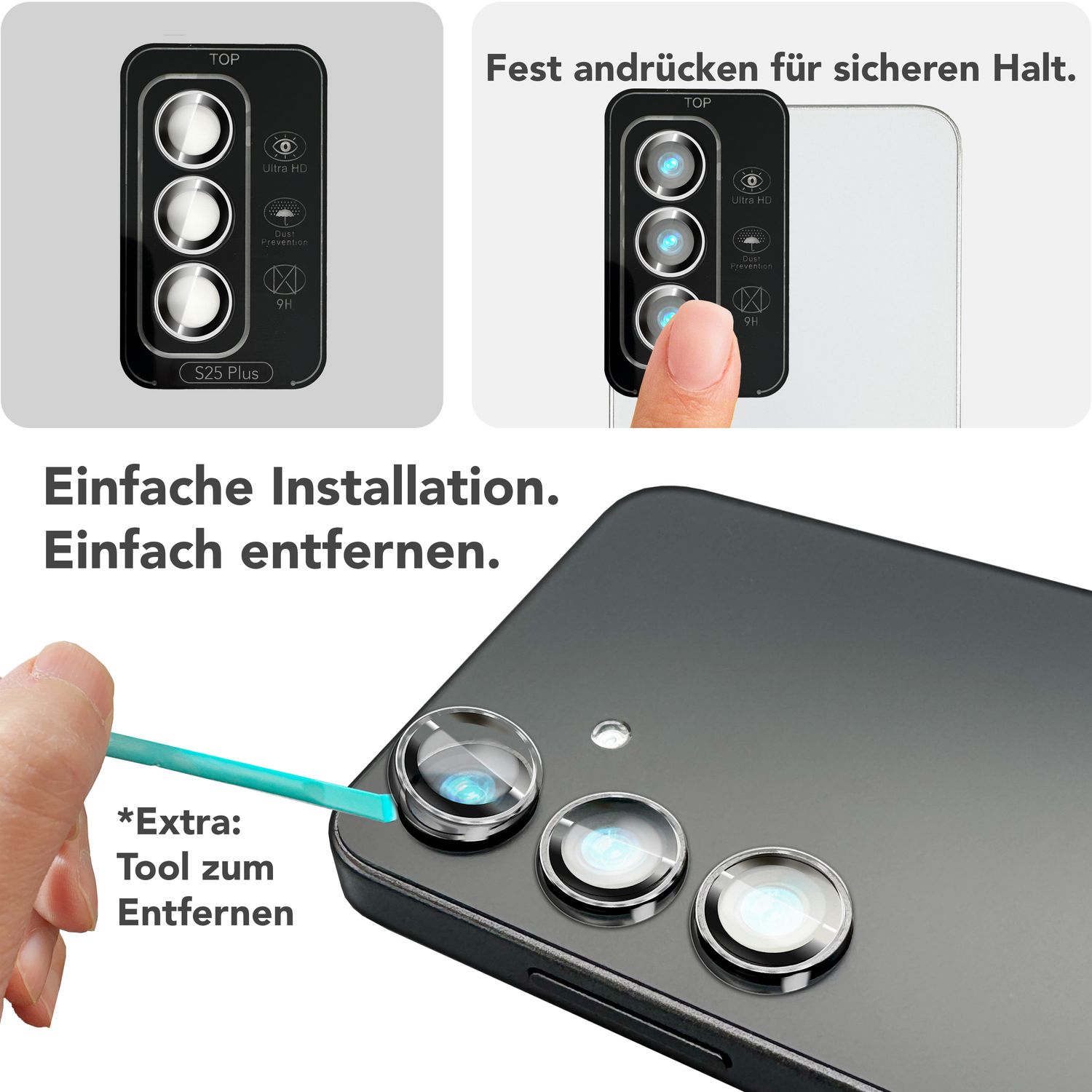 NALIA Focus.Pro CLX für Samsung Galaxy S25 Plus Glas, Reflexionsfreier Kameraschutz, Einzeln Klare Kameragläser mit Farbrahmen, 9H Linsen Ringe für Rück-Kamera, 3 Stück