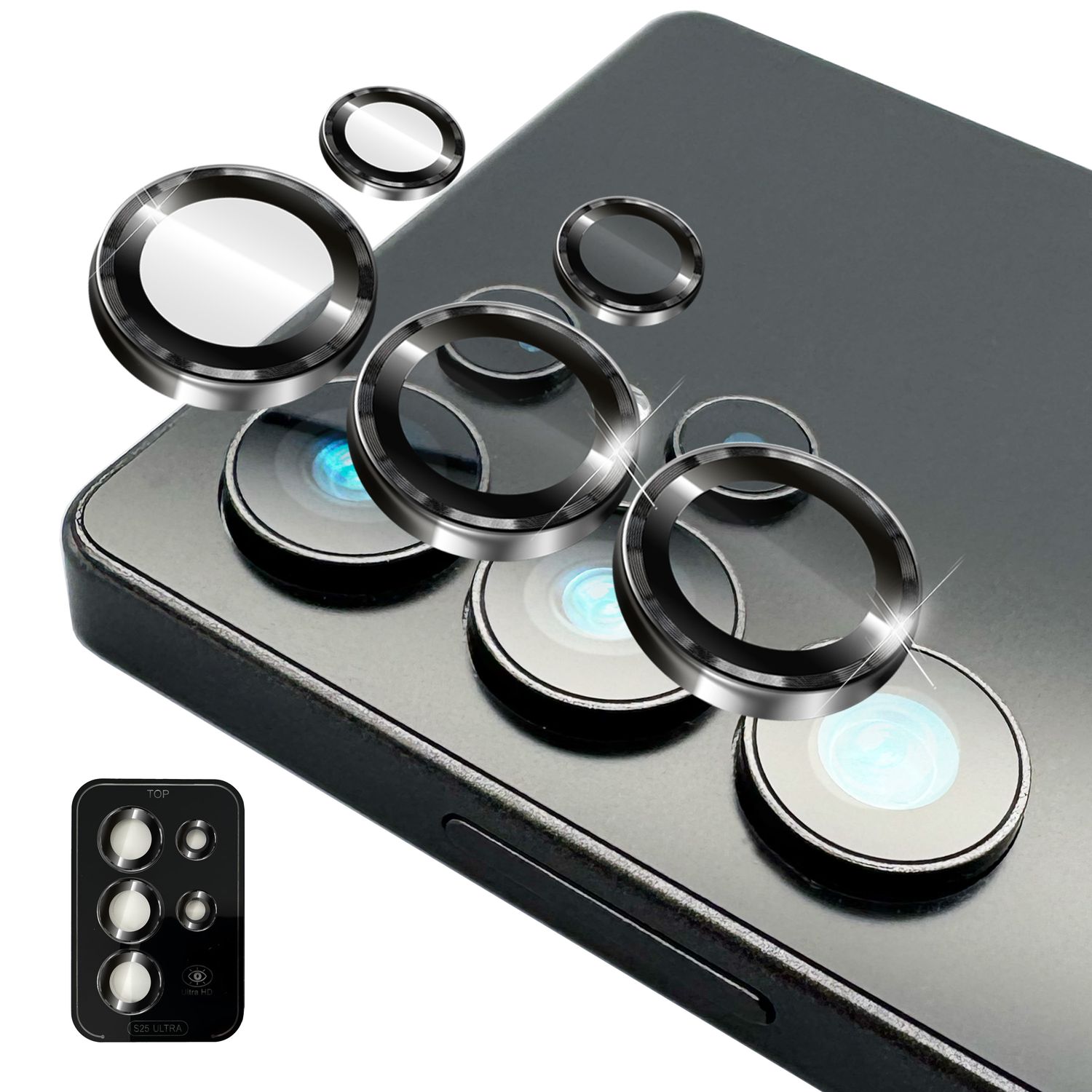 NALIA Focus.Pro CLX für Samsung Galaxy S25 Ultra Glas, Reflexionsfreier Kameraschutz, Einzeln Klare Kameraglas Ringe mit Farbrand, Linsenschutz für Rück-Kamera, 5 Stück