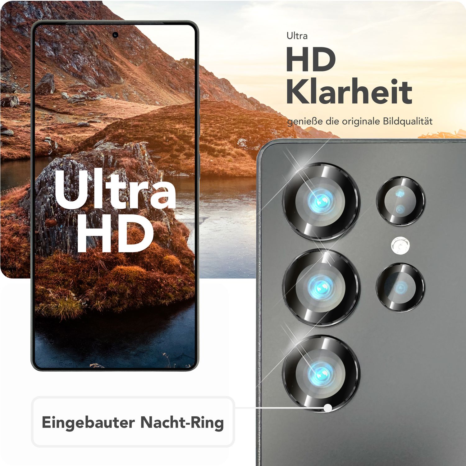 NALIA Focus.Pro CLX für Samsung Galaxy S25 Ultra Glas, Reflexionsfreier Kameraschutz, Einzeln Klare Kameraglas Ringe mit Farbrand, Linsenschutz für Rück-Kamera, 5 Stück
