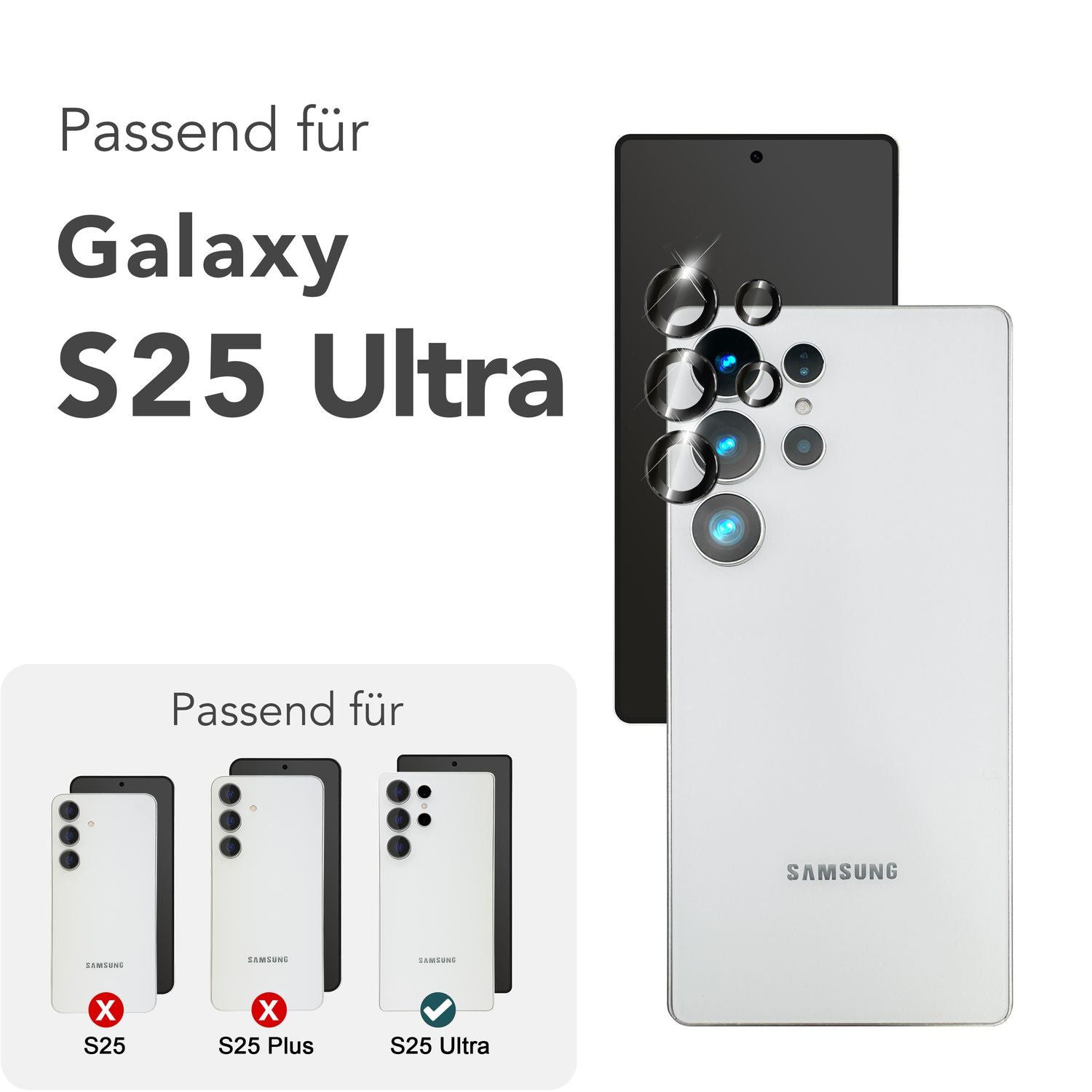 NALIA Focus.Pro CLX für Samsung Galaxy S25 Ultra Glas, Reflexionsfreier Kameraschutz, Einzeln Klare Kameraglas Ringe mit Farbrand, Linsenschutz für Rück-Kamera, 5 Stück