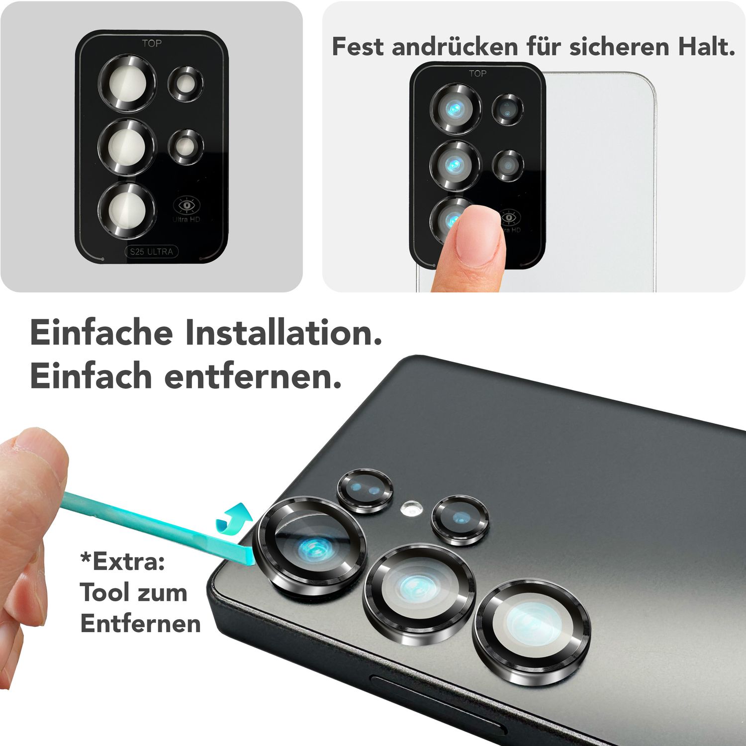 NALIA Focus.Pro CLX für Samsung Galaxy S25 Ultra Glas, Reflexionsfreier Kameraschutz, Einzeln Klare Kameraglas Ringe mit Farbrand, Linsenschutz für Rück-Kamera, 5 Stück