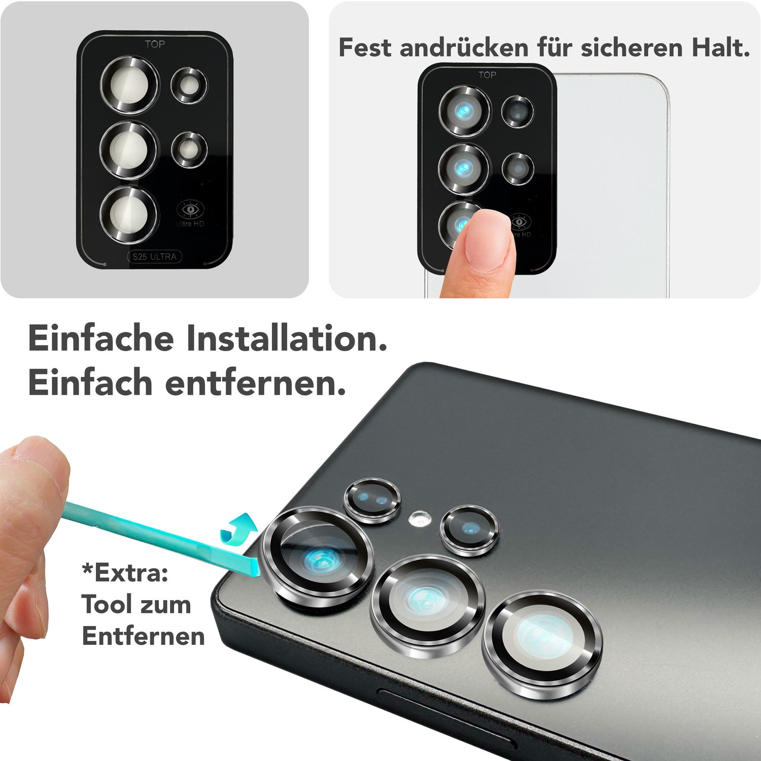 NALIA Focus.Pro CLX für Samsung Galaxy S25 Ultra Glas, Reflexionsfreier Kameraschutz, Einzeln Klare Kameraglas Ringe mit Farbrand, Linsenschutz für Rück-Kamera, 5 Stück