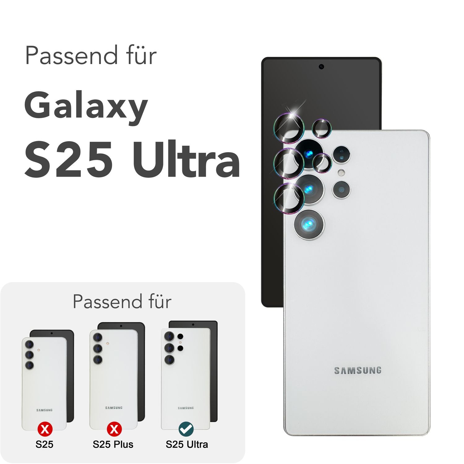 NALIA Focus.Pro CLX für Samsung Galaxy S25 Ultra Glas, Reflexionsfreier Kameraschutz, Einzeln Klare Kameraglas Ringe mit Farbrand, Linsenschutz für Rück-Kamera, 5 Stück