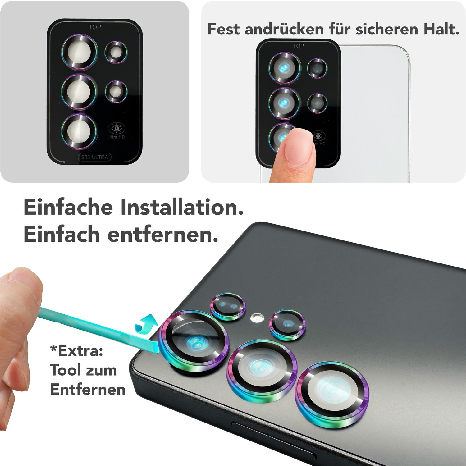 NALIA Focus.Pro CLX für Samsung Galaxy S25 Ultra Glas, Reflexionsfreier Kameraschutz, Einzeln Klare Kameraglas Ringe mit Farbrand, Linsenschutz für Rück-Kamera, 5 Stück