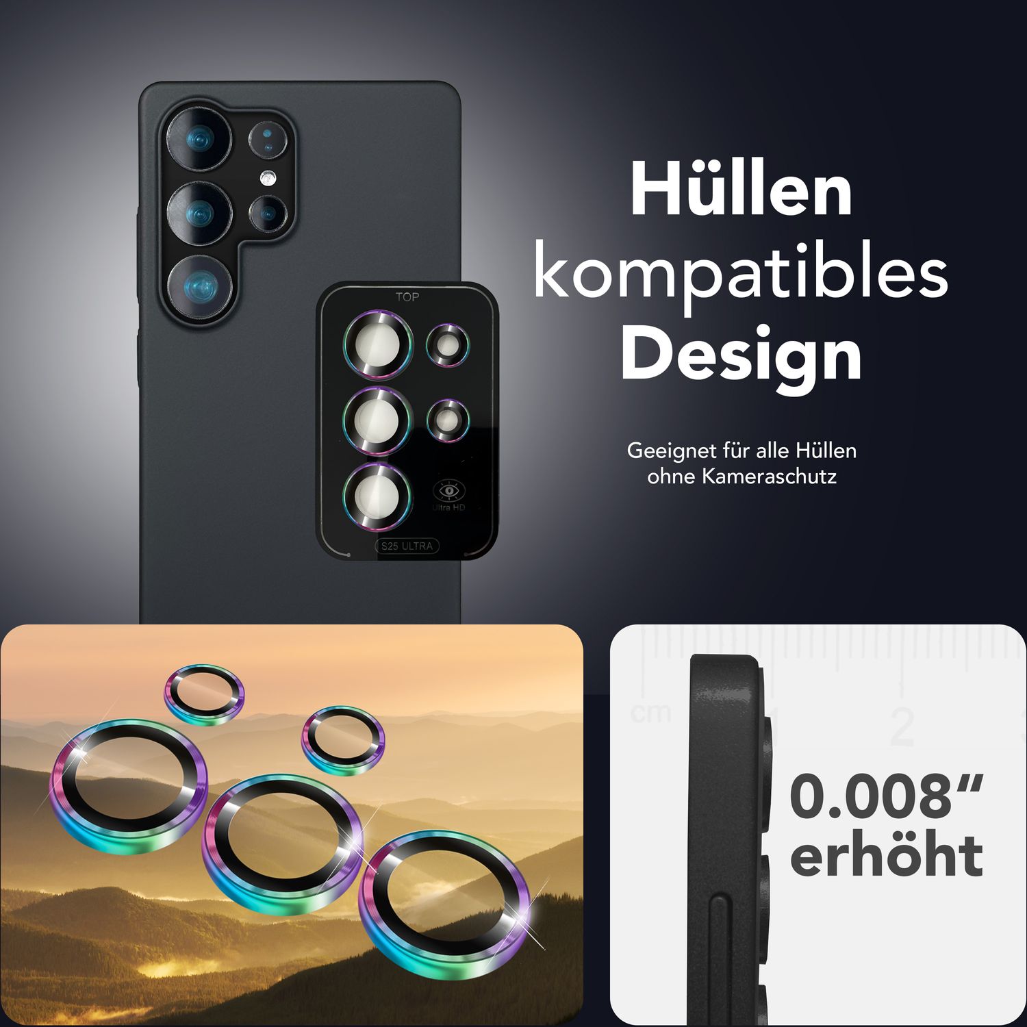 NALIA Focus.Pro CLX für Samsung Galaxy S25 Ultra Glas, Reflexionsfreier Kameraschutz, Einzeln Klare Kameraglas Ringe mit Farbrand, Linsenschutz für Rück-Kamera, 5 Stück