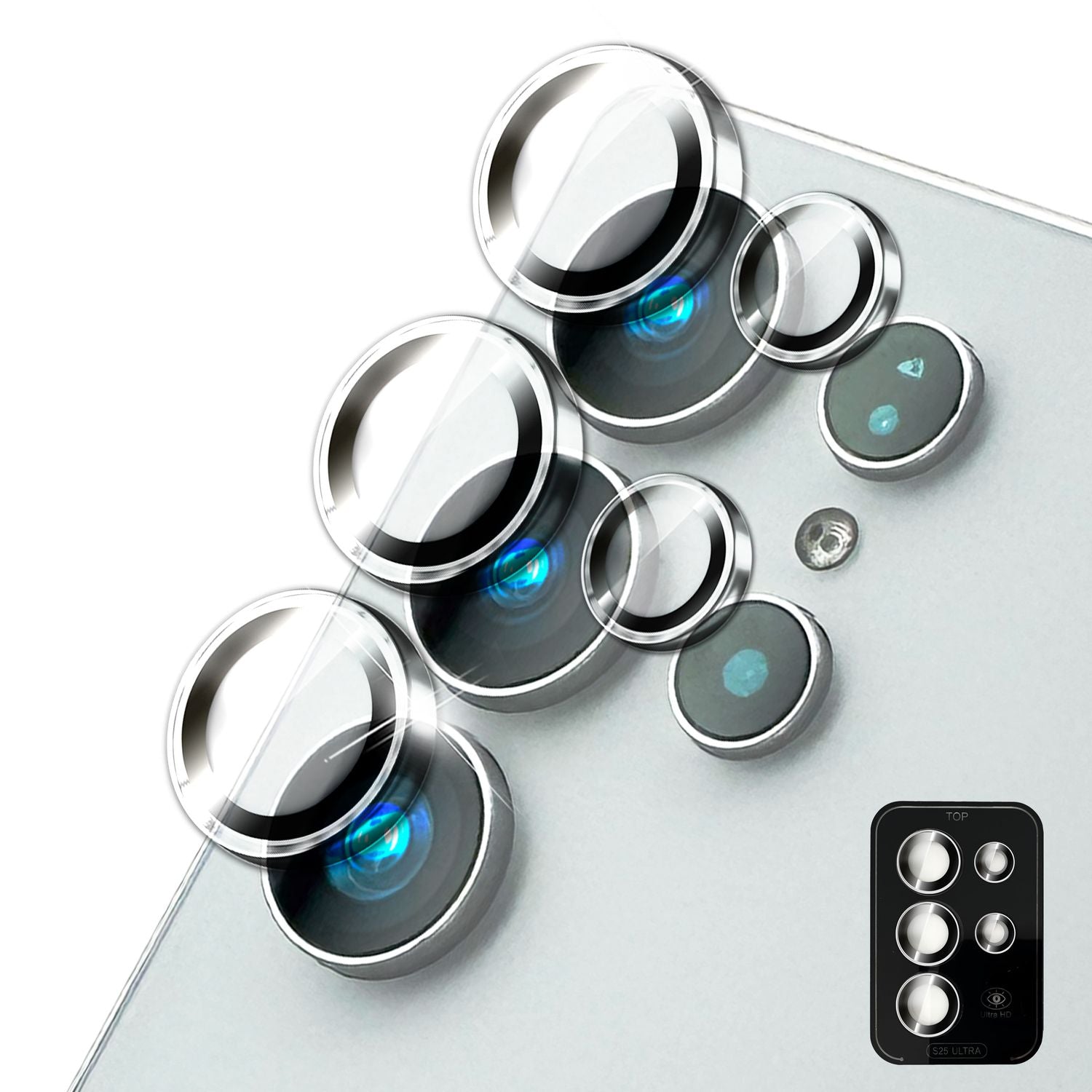 NALIA Focus.Pro CLX für Samsung Galaxy S25 Ultra Glas, Reflexionsfreier Kameraschutz, Einzeln Klare Kameraglas Ringe mit Farbrand, Linsenschutz für Rück-Kamera, 5 Stück