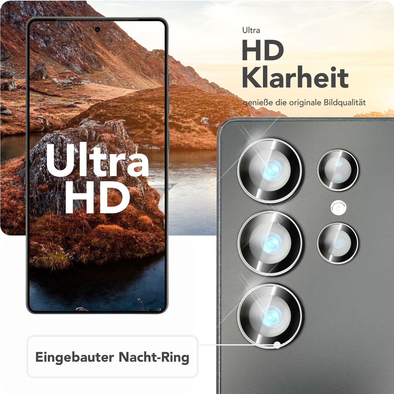 NALIA Focus.Pro CLX für Samsung Galaxy S25 Ultra Glas, Reflexionsfreier Kameraschutz, Einzeln Klare Kameraglas Ringe mit Farbrand, Linsenschutz für Rück-Kamera, 5 Stück
