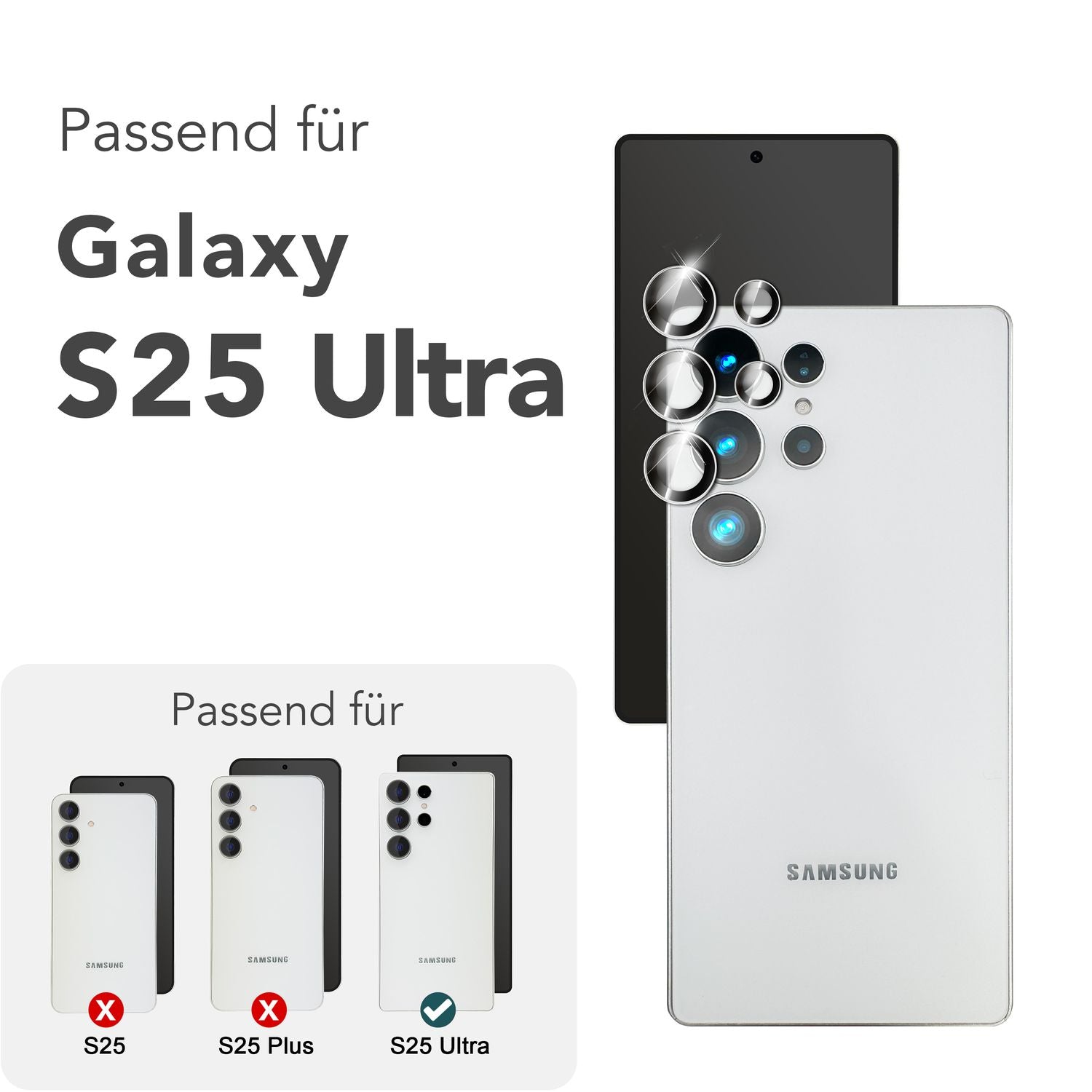 NALIA Focus.Pro CLX für Samsung Galaxy S25 Ultra Glas, Reflexionsfreier Kameraschutz, Einzeln Klare Kameraglas Ringe mit Farbrand, Linsenschutz für Rück-Kamera, 5 Stück