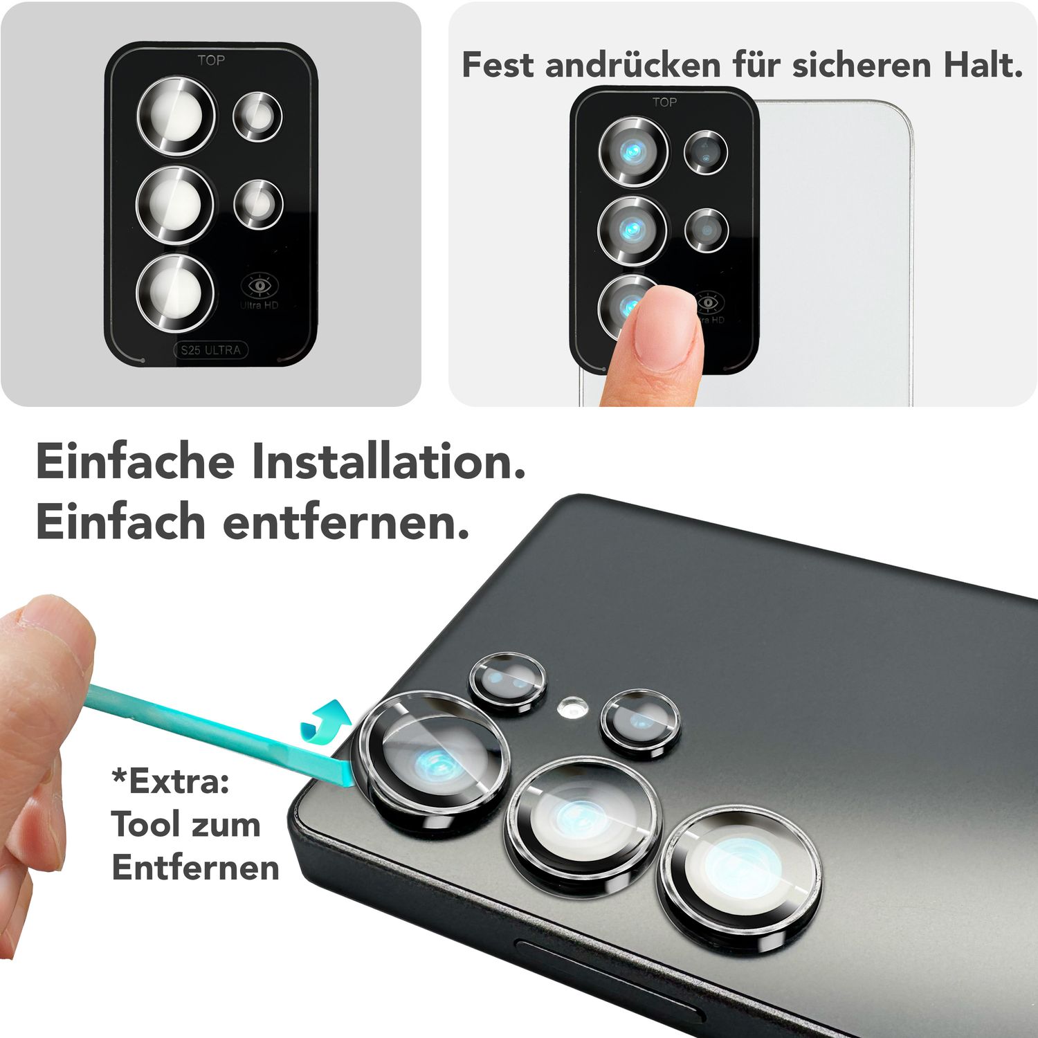 NALIA Focus.Pro CLX für Samsung Galaxy S25 Ultra Glas, Reflexionsfreier Kameraschutz, Einzeln Klare Kameraglas Ringe mit Farbrand, Linsenschutz für Rück-Kamera, 5 Stück