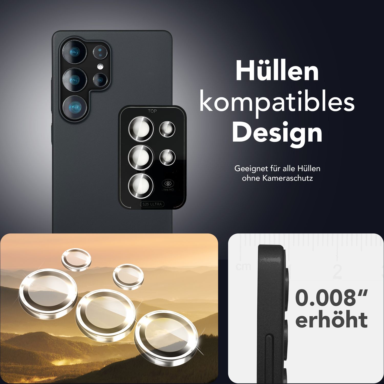 NALIA Focus.Pro CLX für Samsung Galaxy S25 Ultra Glas, Reflexionsfreier Kameraschutz, Einzeln Klare Kameraglas Ringe mit Farbrand, Linsenschutz für Rück-Kamera, 5 Stück