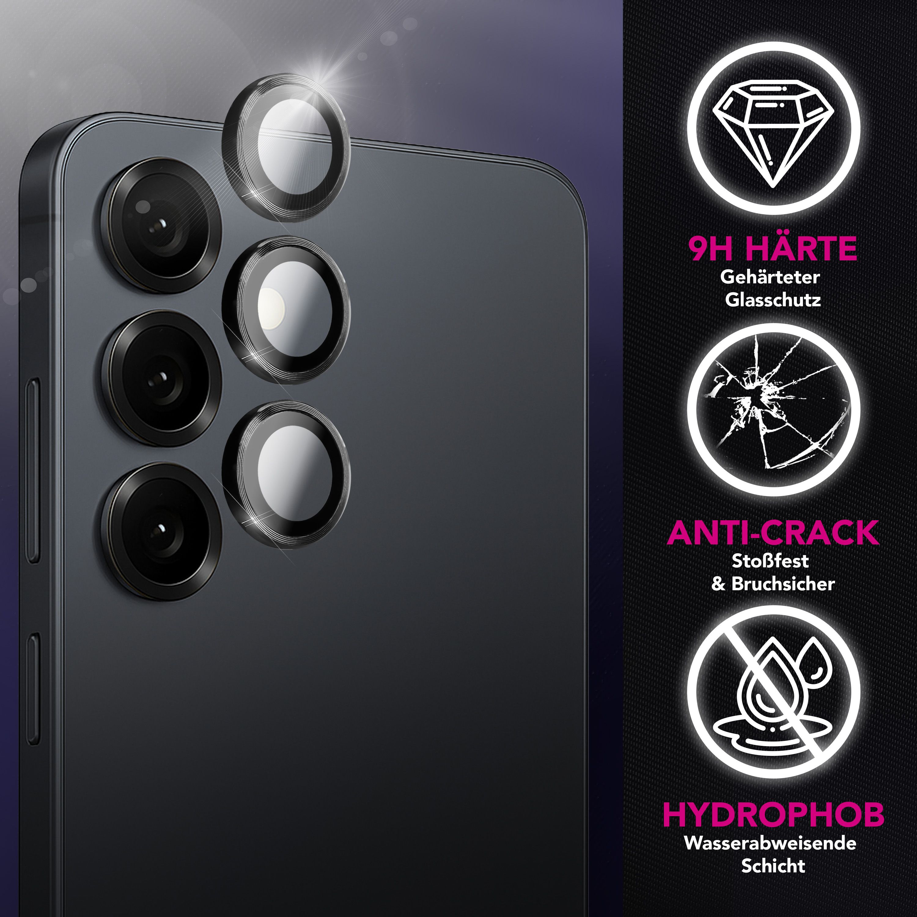 NALIA Kamera Glas Focus.Pro CLX für Samsung Galaxy S25 FE (Glasklare Aufnahmen) - Kameraschutz, 9H Linsenglas, Anti-Reflex Ringe, Klar, Selbstklebend, Hüllen-freundlich, 3 Stück