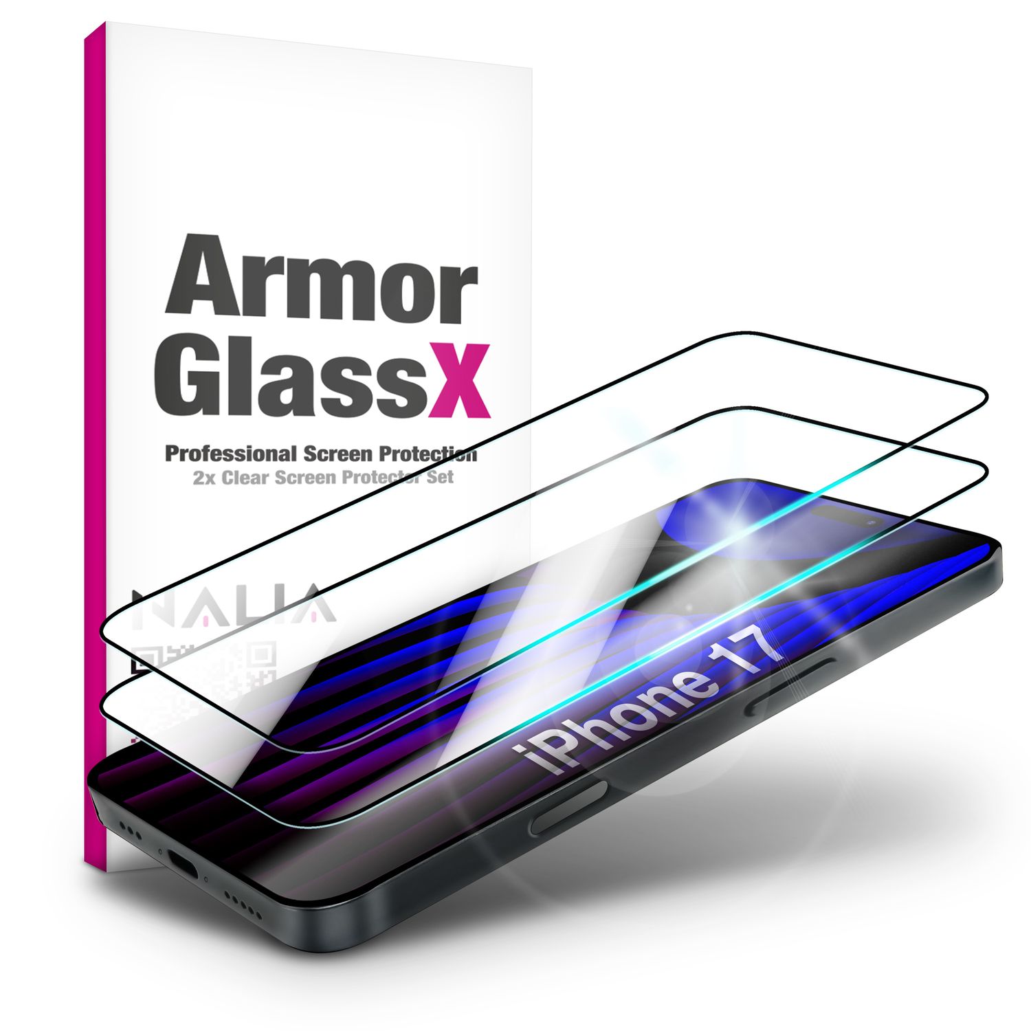 NALIA Display Glas ArmorGlassX für Apple iPhone 17 (super klarer Displayschutz) - 2x Schutzglas 9H Härte, Anti-Fingerprint, Kratzfest, Hüllen-freundlich, Oleophob, schwarzer Rahmen