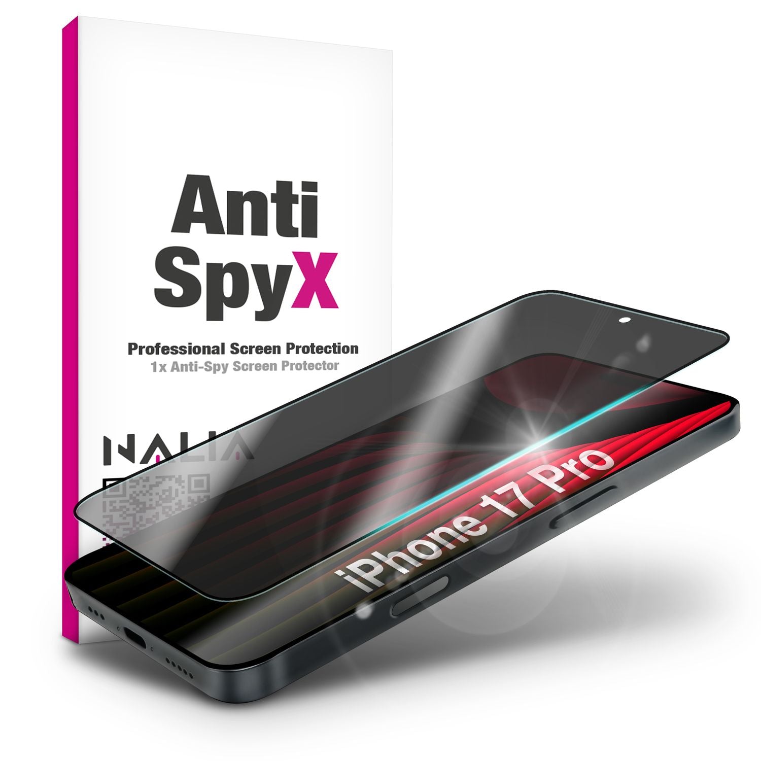 NALIA Privacy Schutzglas AntiSpyX für Apple iPhone 17 Pro (Diskreter Blickschutz) - Display Glas mit 9H Härte, Anti-Spy Sichtschutz, Kratzfest, Blasenfrei, Oleophob, Case-Friendly