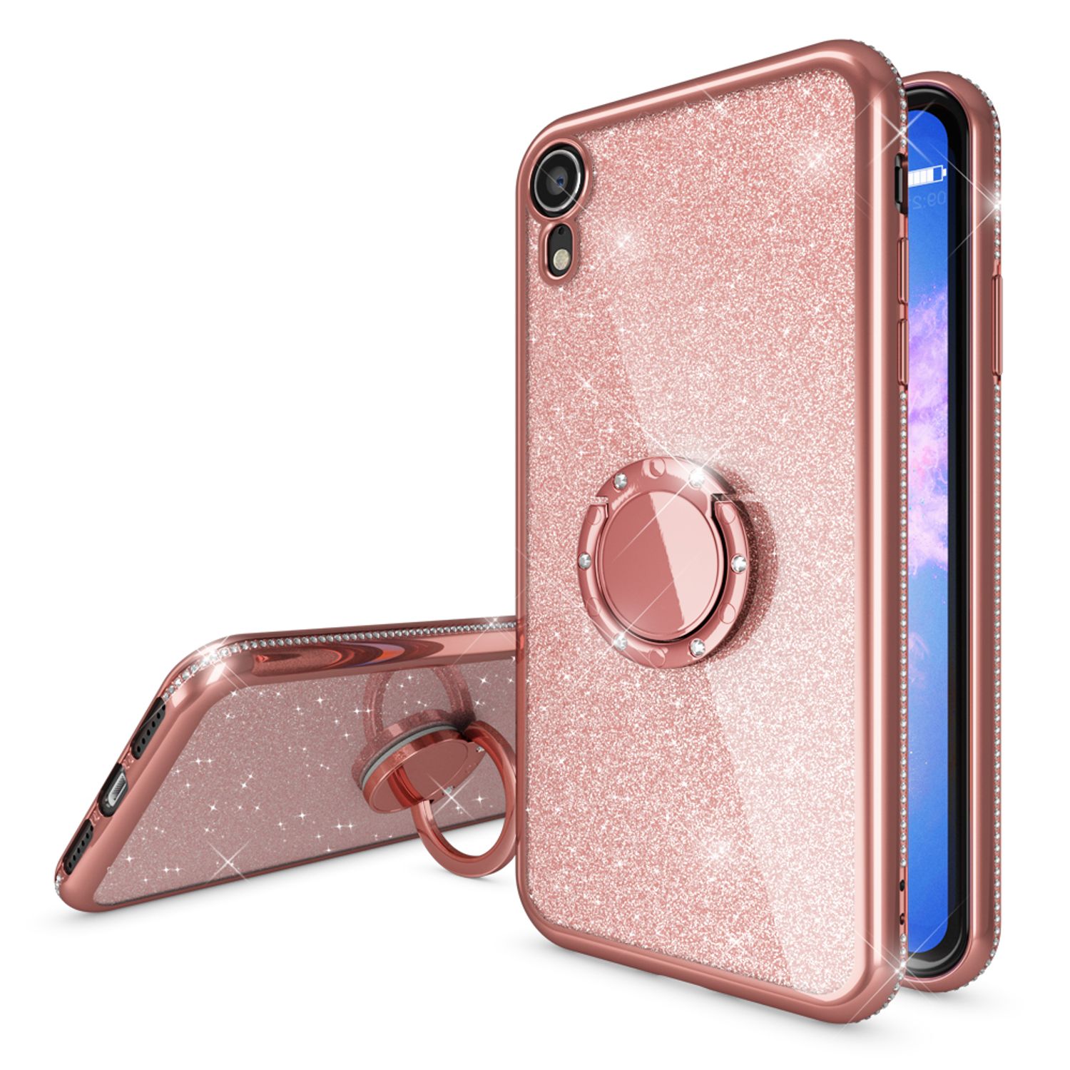 NALIA Ring Hülle für Apple iPhone XR, Glitzer Handy Hülle Silikon Cover Case Rose Gold NALIA