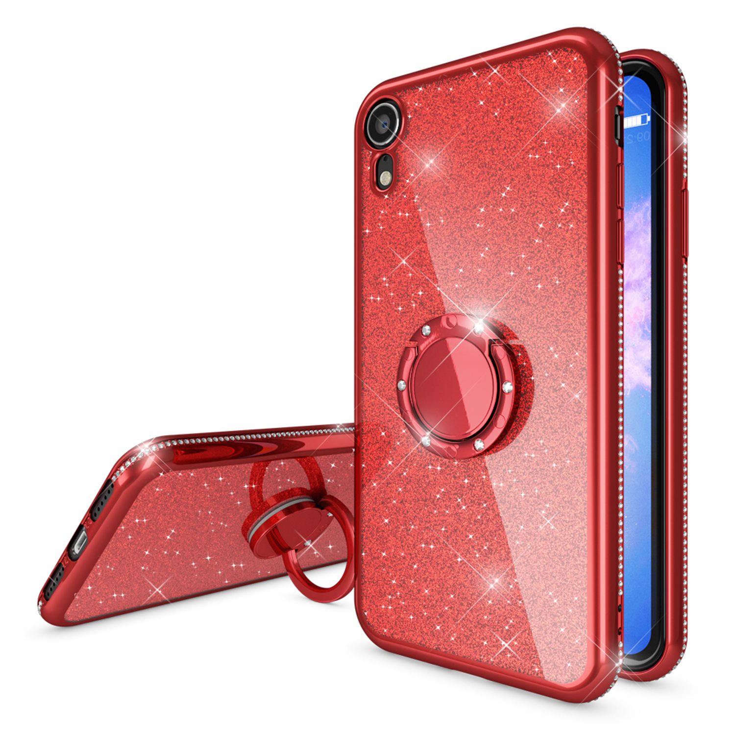 NALIA Ring Hülle für Apple iPhone XR, Glitzer Handy Hülle Silikon Cover Case Rose Gold NALIA