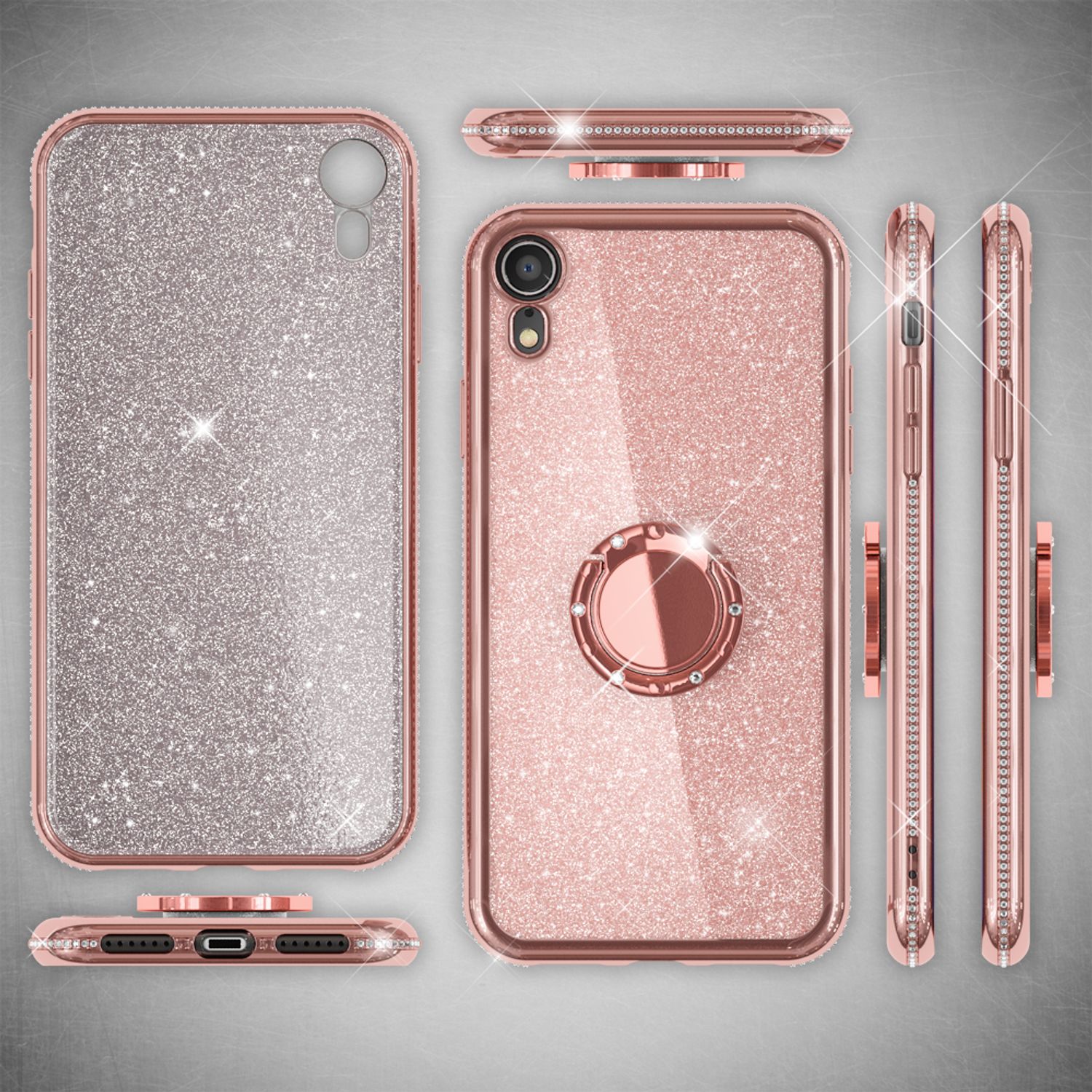 NALIA Ring Hülle für Apple iPhone XR, Glitzer Handy Hülle Silikon Cover Case Rose Gold NALIA