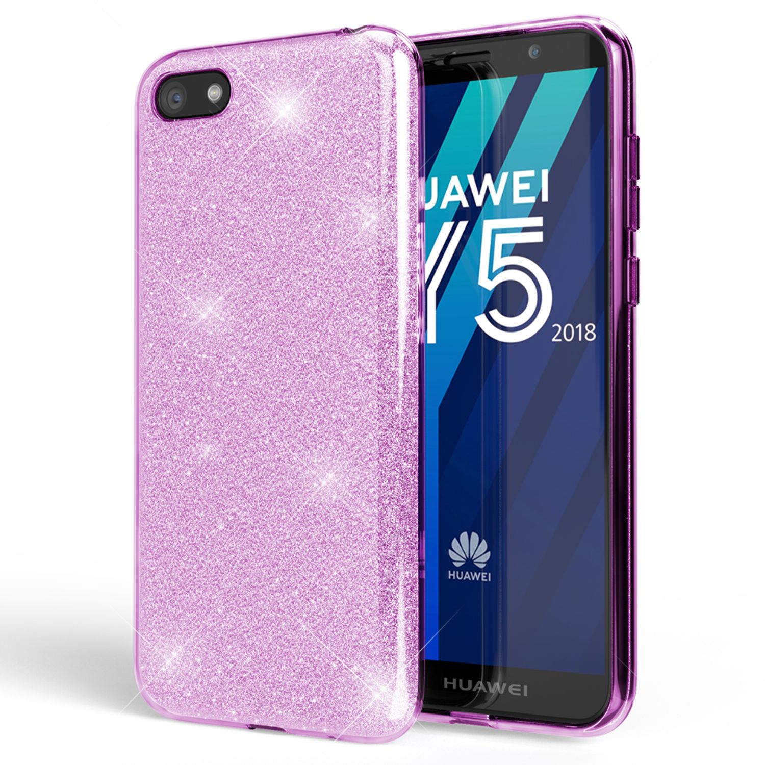 NALIA Handyhülle kompatibel mit Huawei Y5 2018, Glitzer Case Back Bling Cover Lila NALIA Protective Hülle