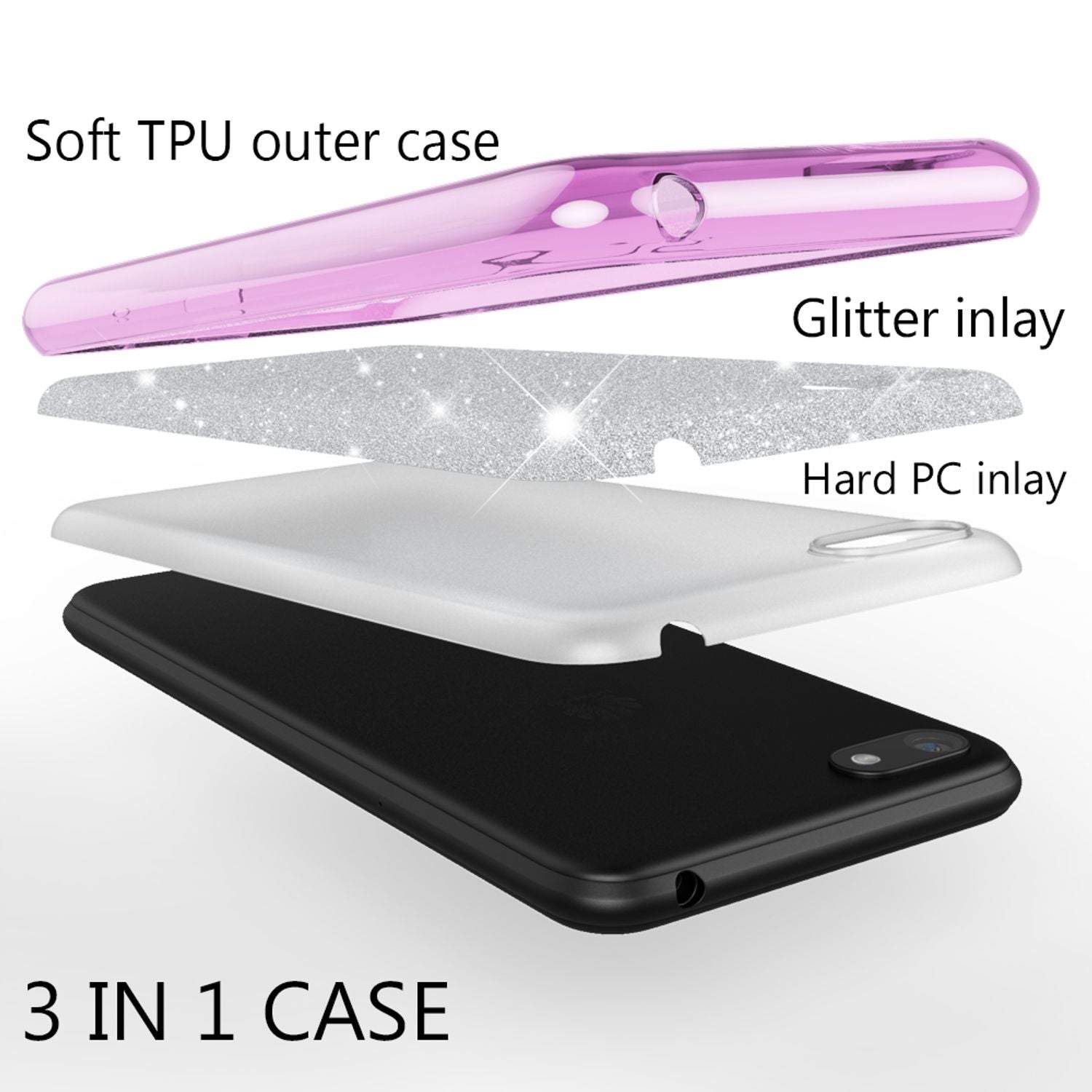 NALIA Handyhülle kompatibel mit Huawei Y5 2018, Glitzer Case Back Bling Cover Lila NALIA Protective Hülle