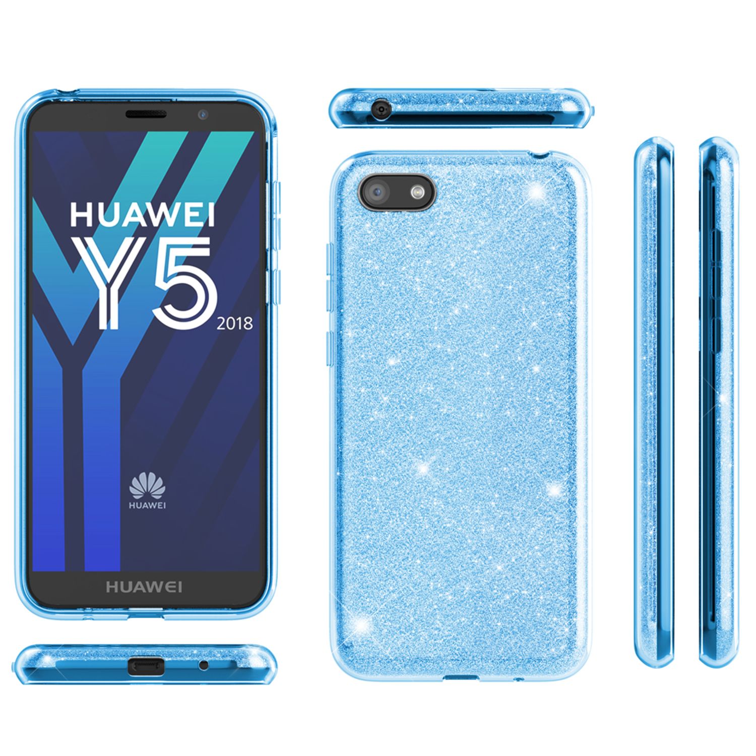 NALIA Handyhülle kompatibel mit Huawei Y5 2018, Glitzer Case Back Bling Cover Blau NALIA Protective Hülle