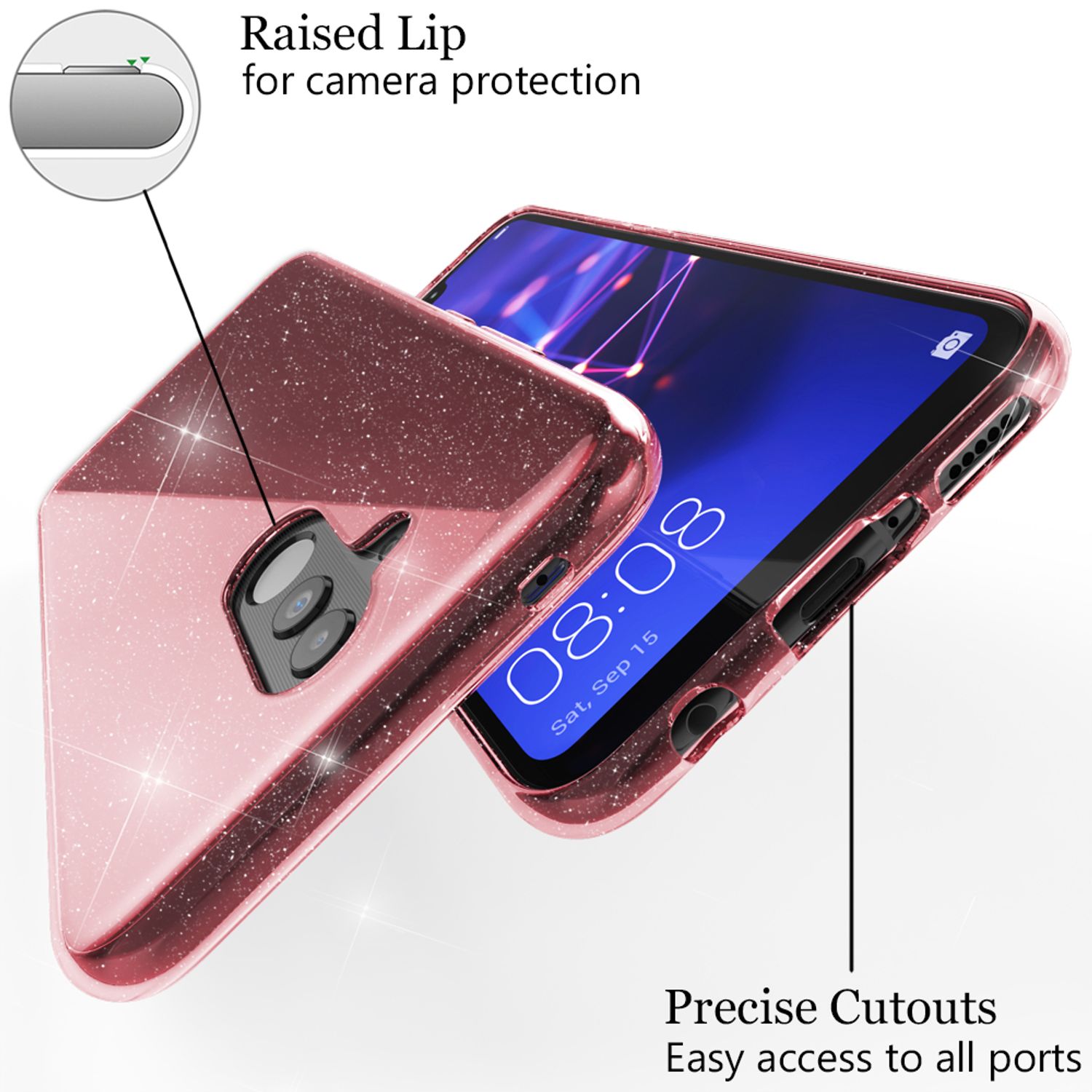 NALIA Glitter Hülle kompatibel mit Huawei Mate20 Lite Glitzer Silikon Case Cover Pink NALIA Transparente Hülle