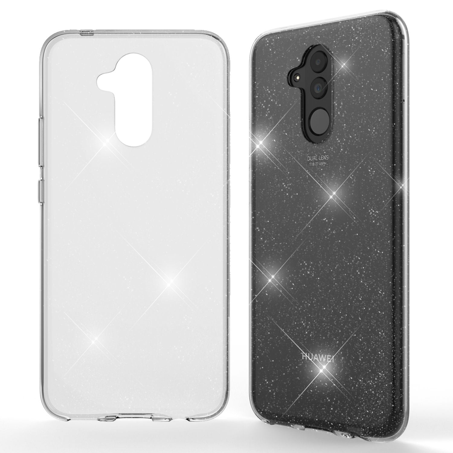 NALIA Glitter Hülle kompatibel mit Huawei Mate20 Lite Glitzer Silikon Case Cover Transparent NALIA Transparente Hülle