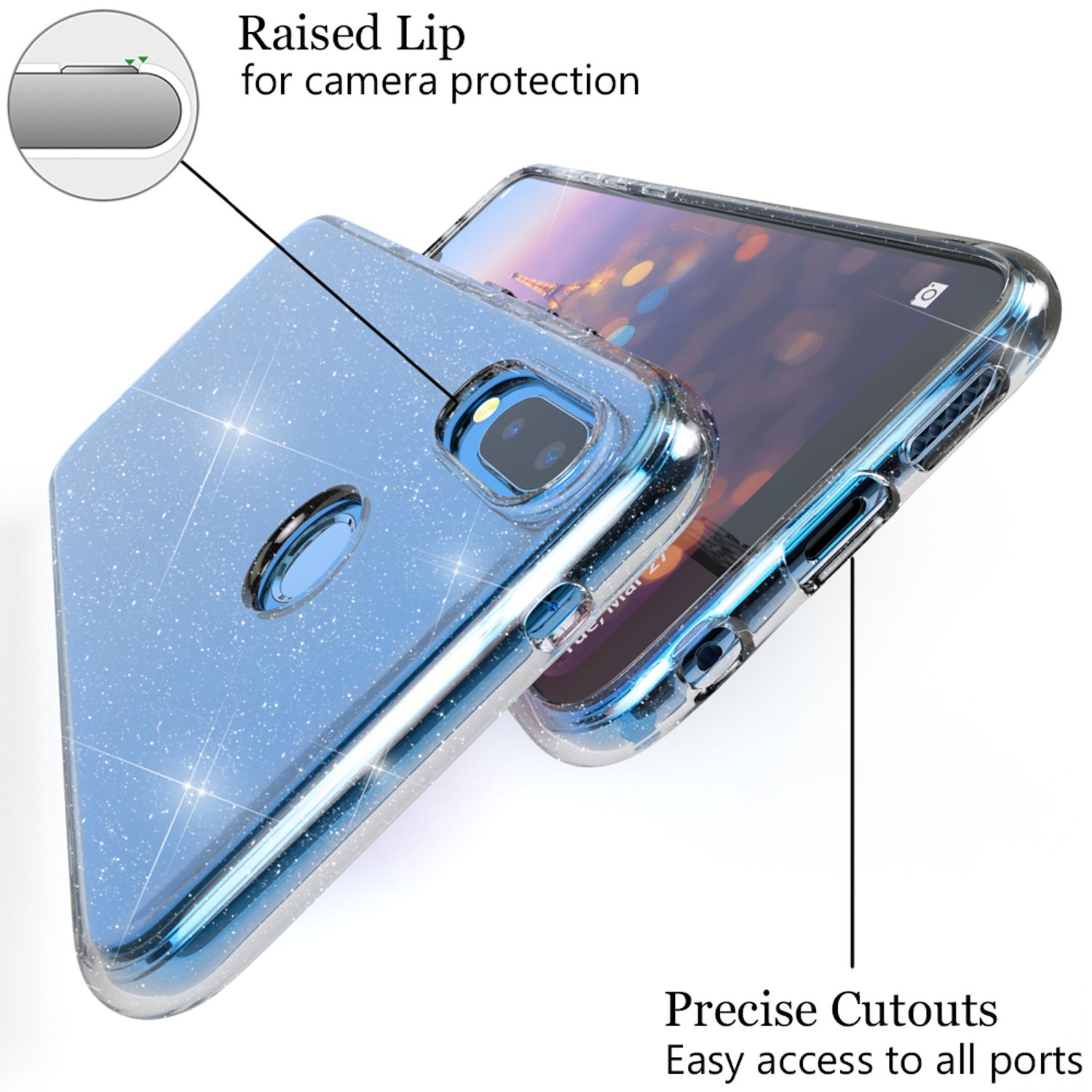 NALIA Glitter Hülle kompatibel mit Huawei P20 Lite Glitzer Handyhülle Case Cover NALIA Transparente Hülle