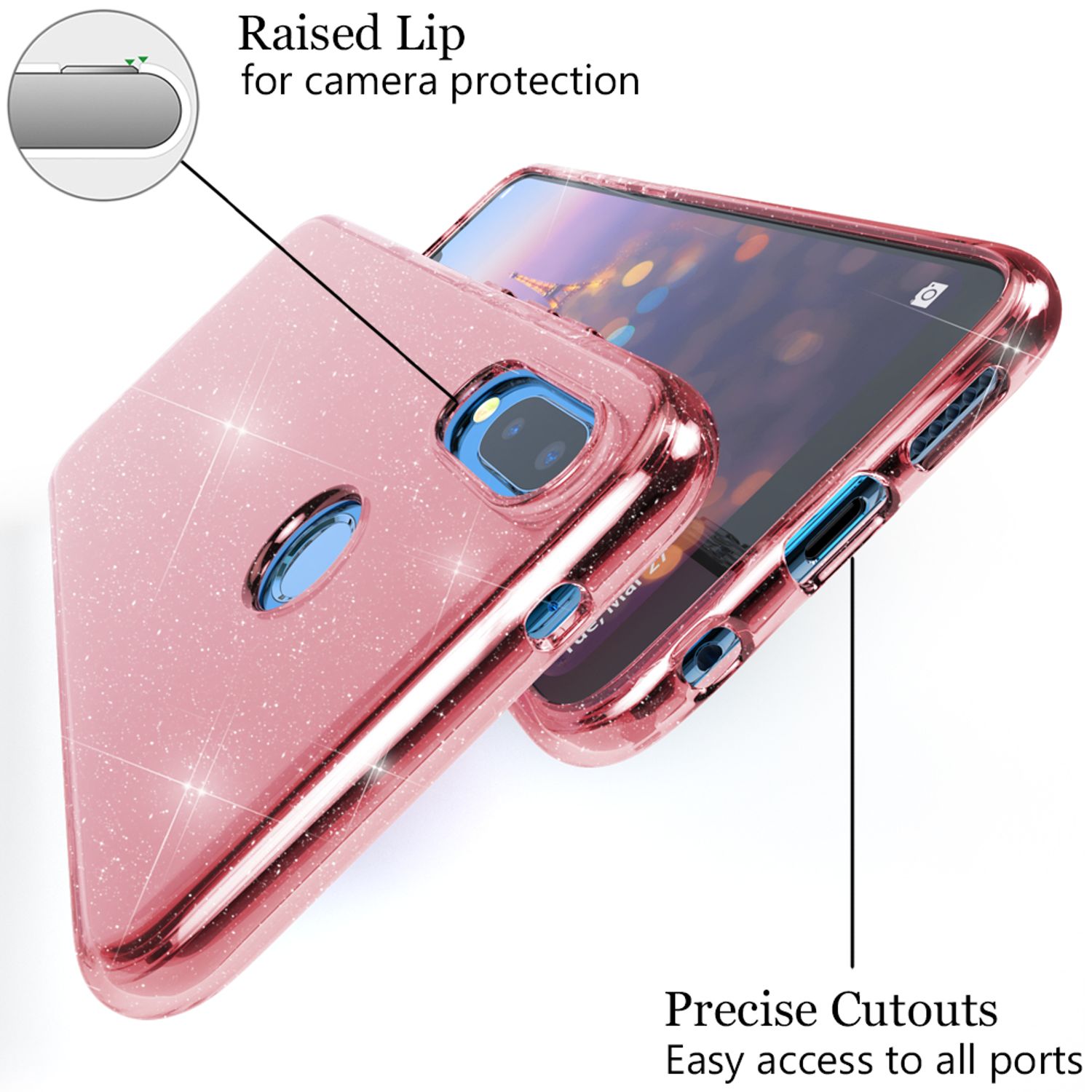 NALIA Glitter Hülle kompatibel mit Huawei P20 Lite Glitzer Handyhülle Case Cover Pink NALIA Transparente Hülle