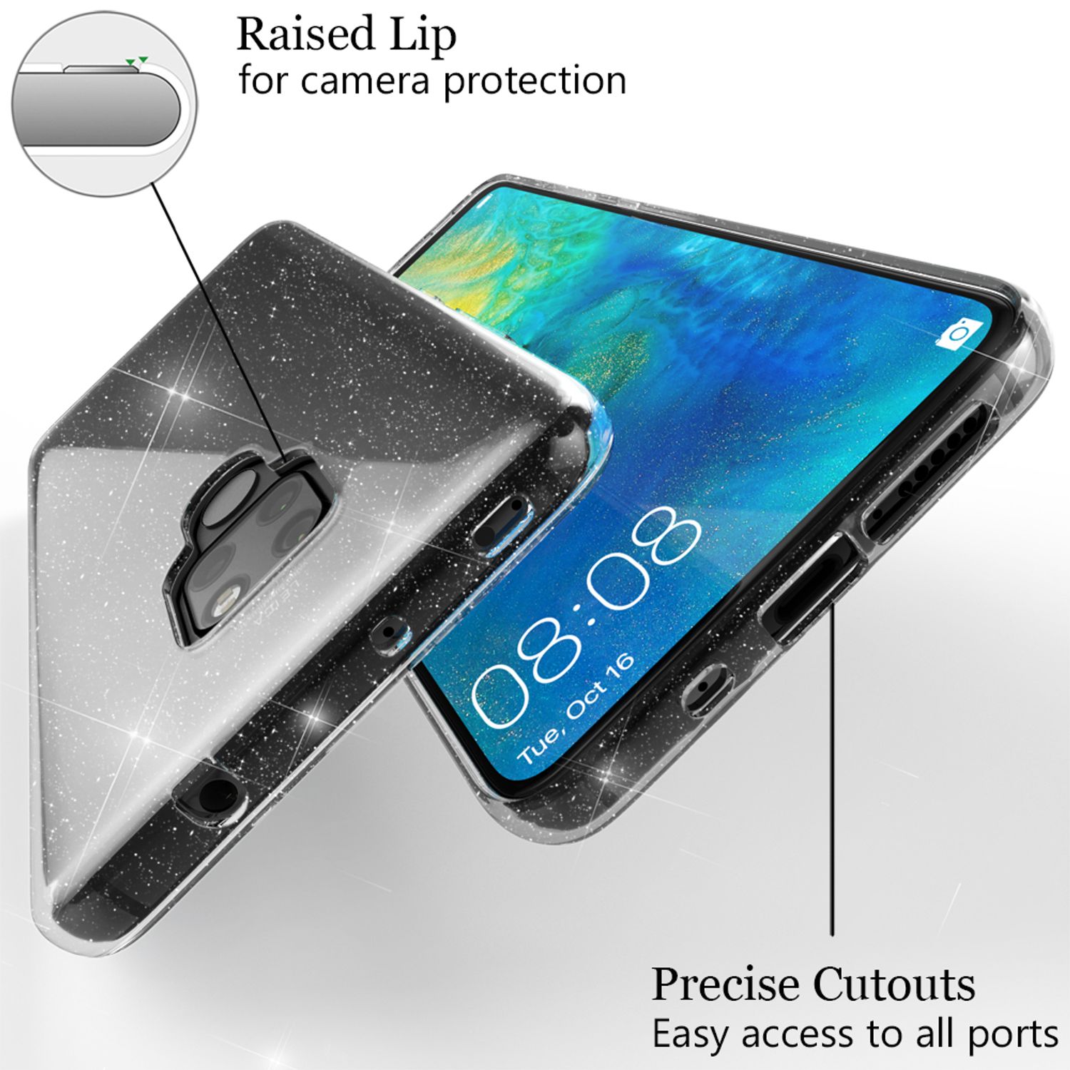 NALIA Glitter Hülle kompatibel mit Huawei Mate20, Glitzer Silikon Case Cover Transparent NALIA Transparente Hülle