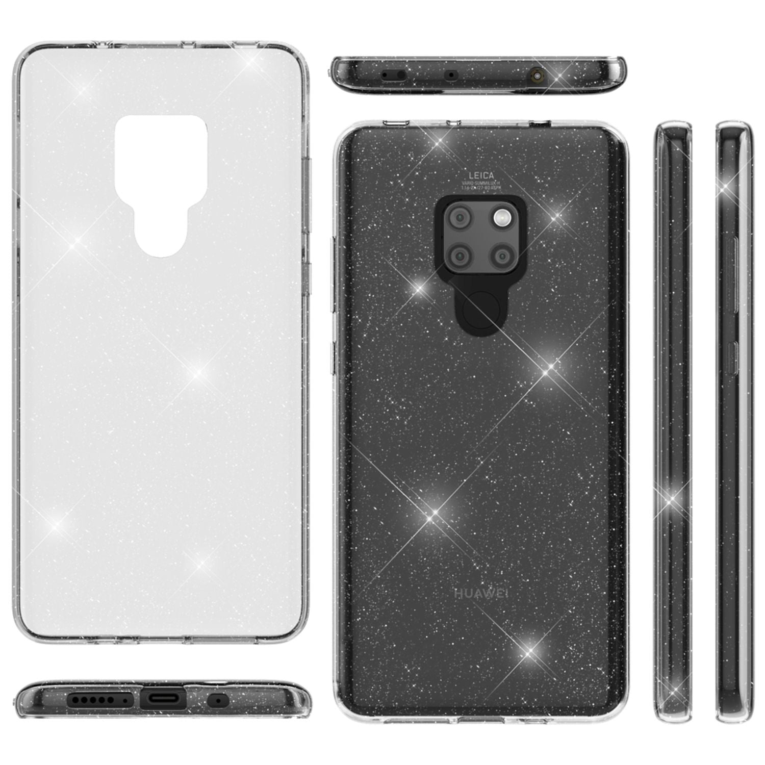 NALIA Glitter Hülle kompatibel mit Huawei Mate20, Glitzer Silikon Case Cover Transparent NALIA Transparente Hülle