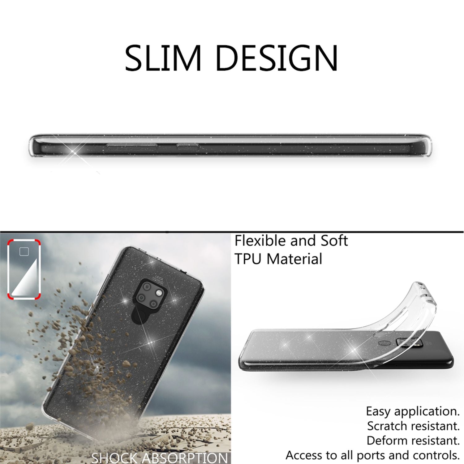 NALIA Glitter Hülle kompatibel mit Huawei Mate20, Glitzer Silikon Case Cover Transparent NALIA Transparente Hülle