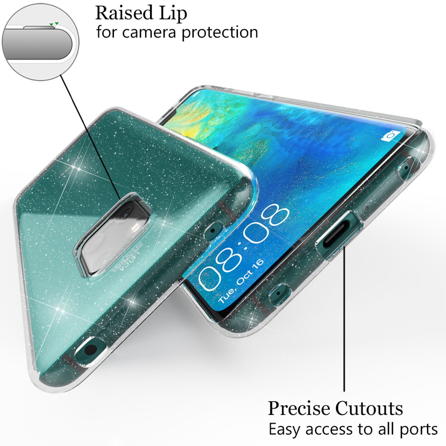 NALIA Glitter Hülle kompatibel mit Huawei Mate20 Pro, Glitzer Handyhülle Case Transparent NALIA Transparente Hülle