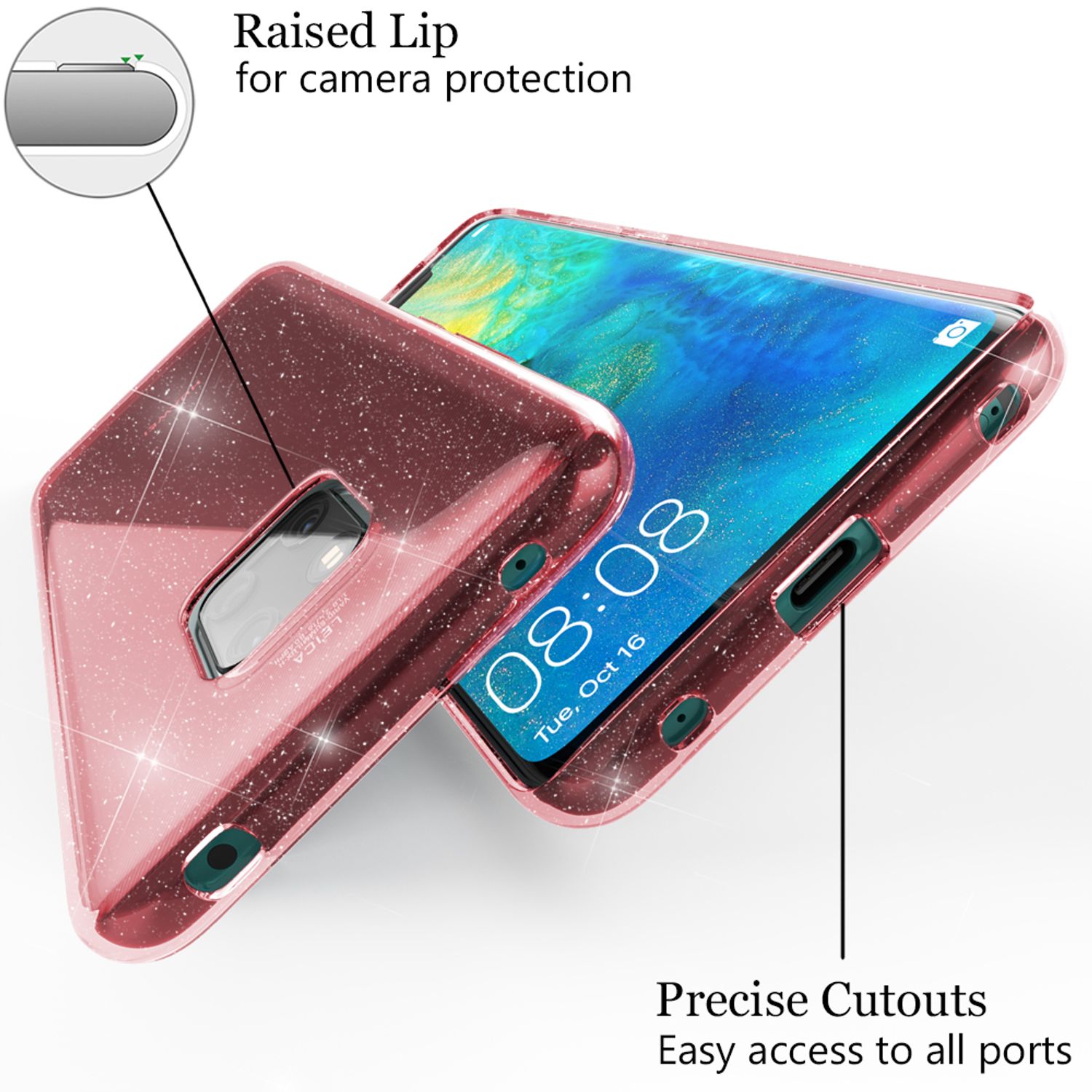 NALIA Glitter Hülle kompatibel mit Huawei Mate20 Pro, Glitzer Handyhülle Case Pink NALIA Transparente Hülle