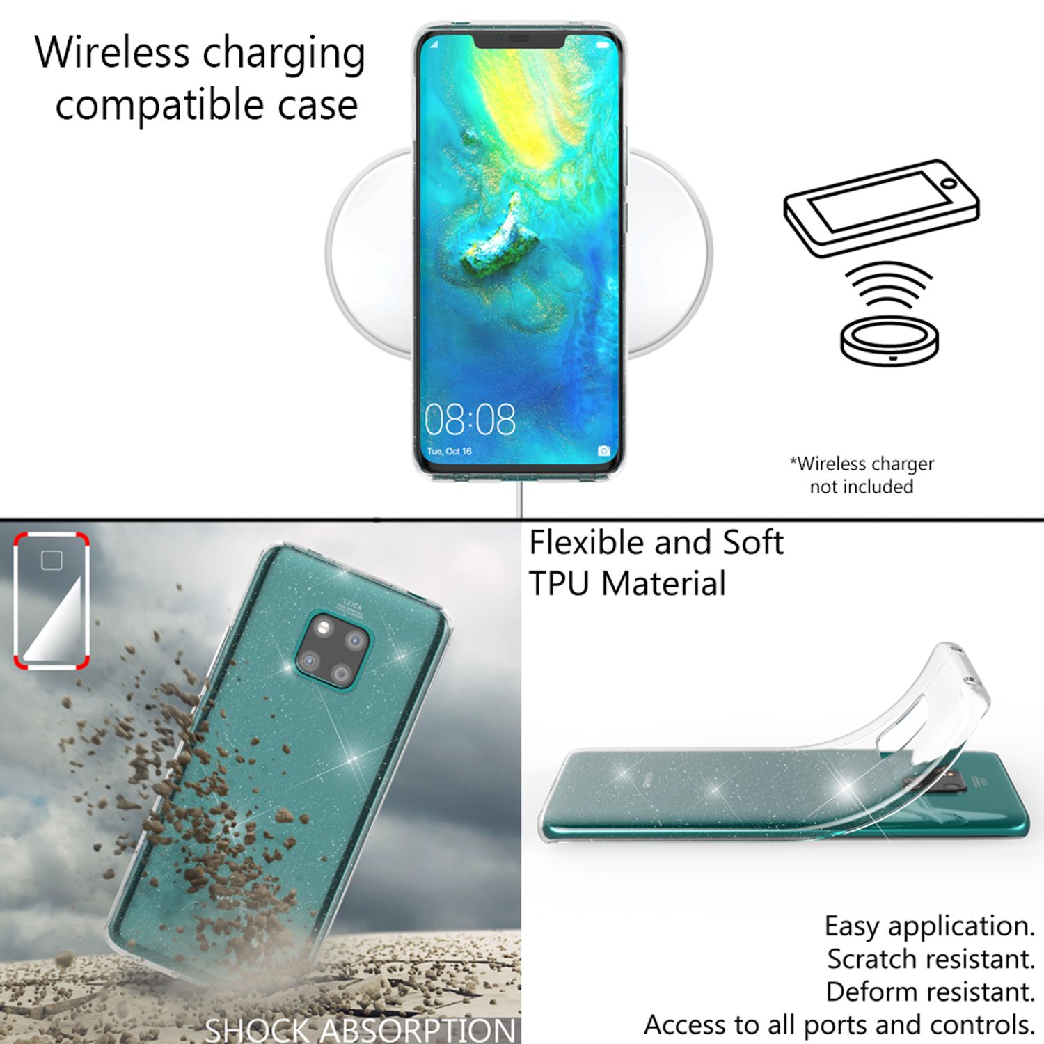 NALIA Glitter Hülle kompatibel mit Huawei Mate20 Pro, Glitzer Handyhülle Case Transparent NALIA Transparente Hülle