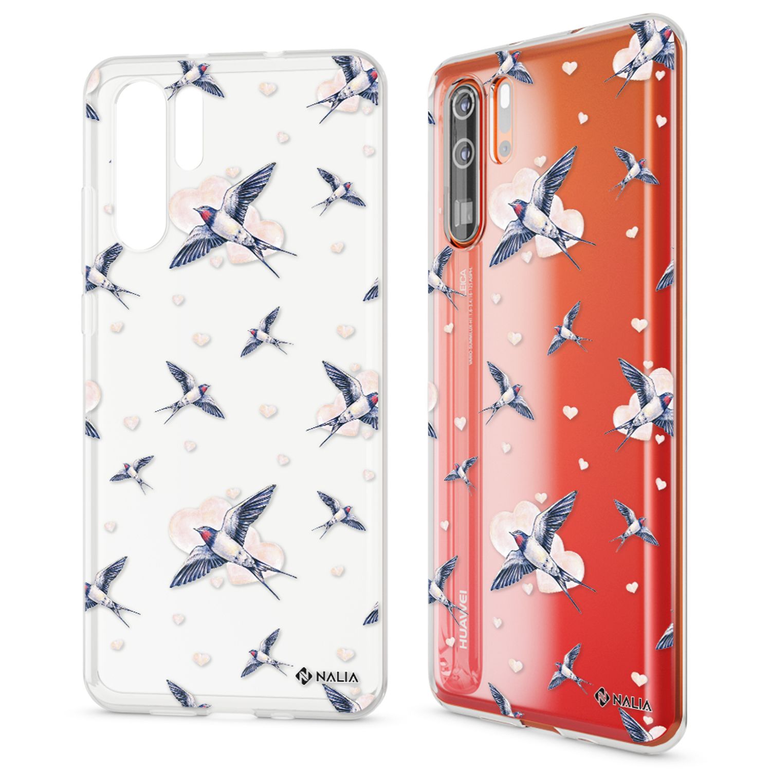 NALIA Hülle für Huawei P30 Pro, Motiv Handyhülle Slim Silikon Case Crystal Cover Herz Schwalben NALIA