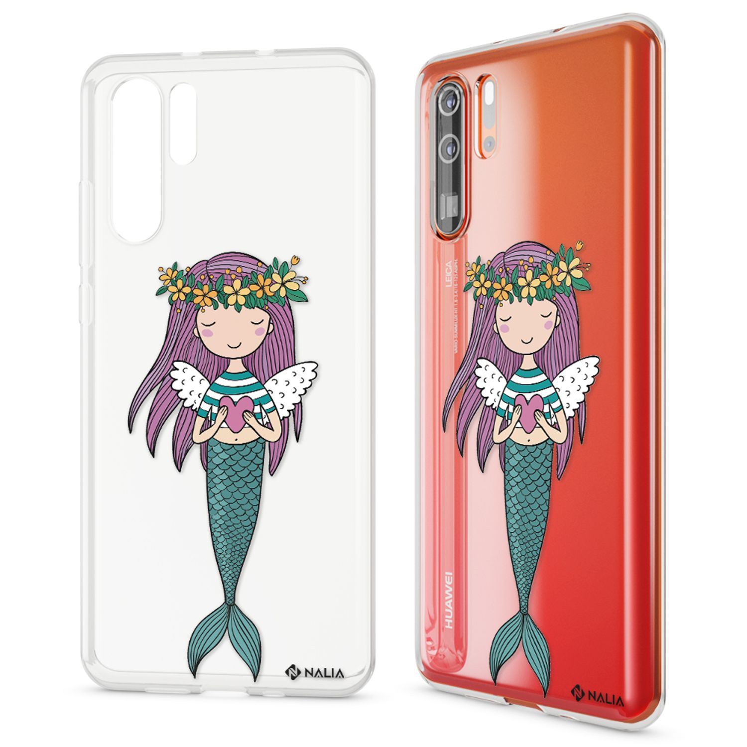 NALIA Hülle für Huawei P30 Pro, Motiv Handyhülle Slim Silikon Case Crystal Cover Meerjungfrau Grün NALIA
