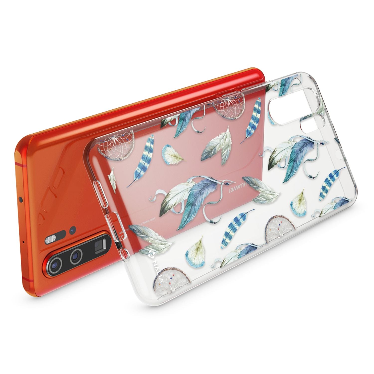 NALIA Hülle für Huawei P30 Pro, Motiv Handyhülle Slim Silikon Case Crystal Cover Aquarell Federn NALIA