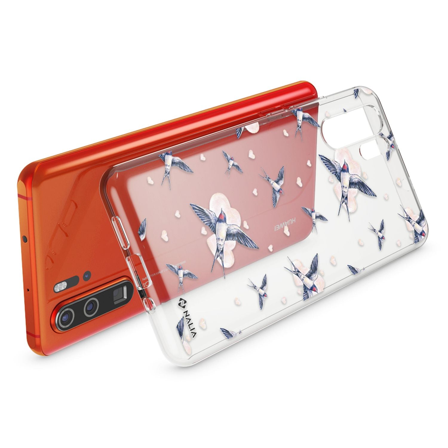 NALIA Hülle für Huawei P30 Pro, Motiv Handyhülle Slim Silikon Case Crystal Cover Herz Schwalben NALIA