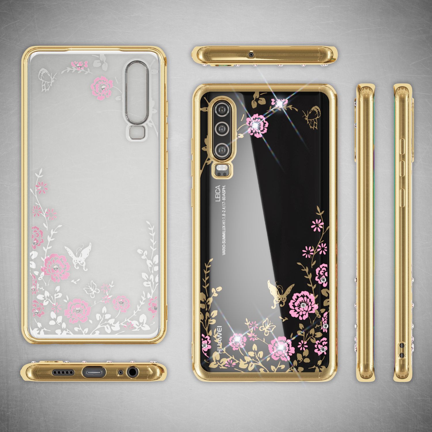 NALIA Handy Hülle für Huawei P30, Blumen-Muster Metall-Optik Schutz Cover Case Default Title NALIA